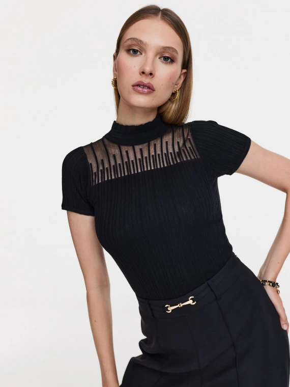 Black sweater with short sleeves and stand-up collar