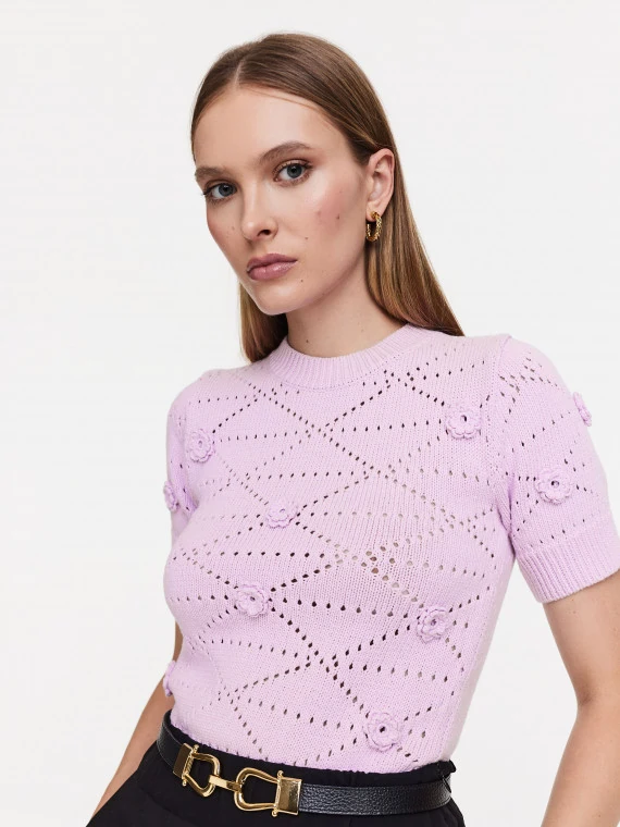 Lilac openwork sweater with short sleeves