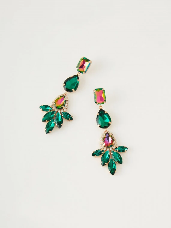 Long earrings with green and pink stones