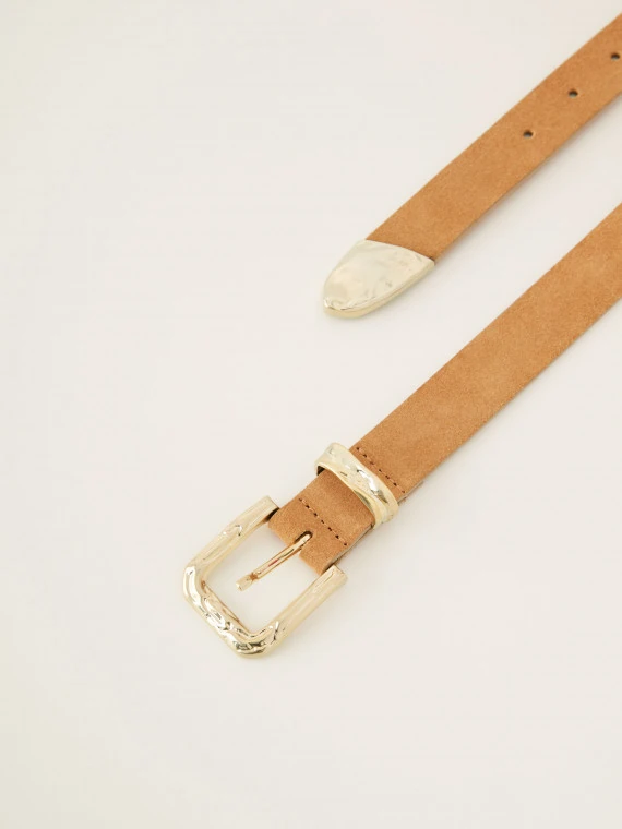 Brown leather belt with decorative buckle