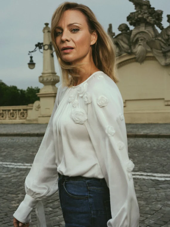 White satin blouse with roses