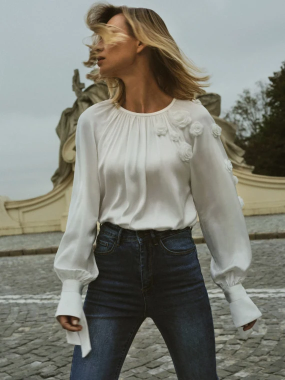 White satin blouse with roses