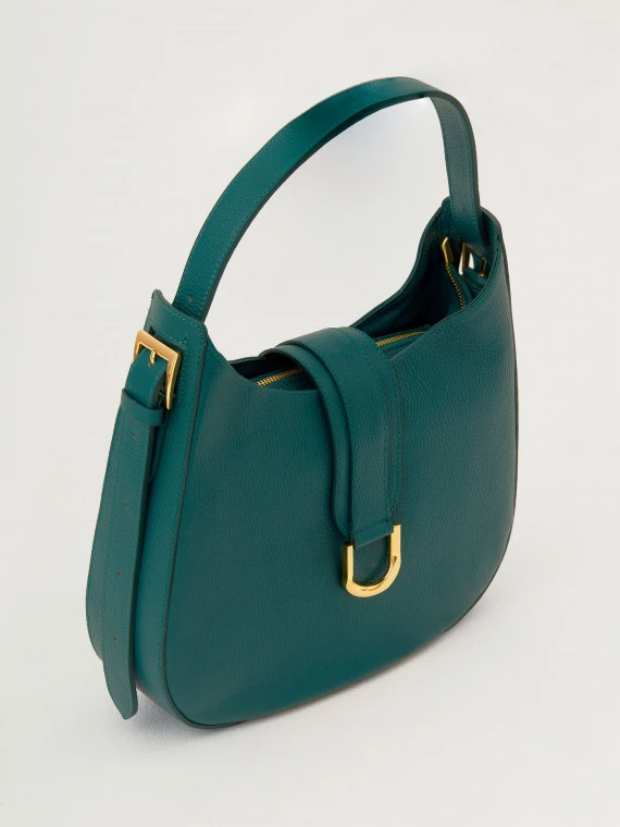 Green leather handbag with gold buckle