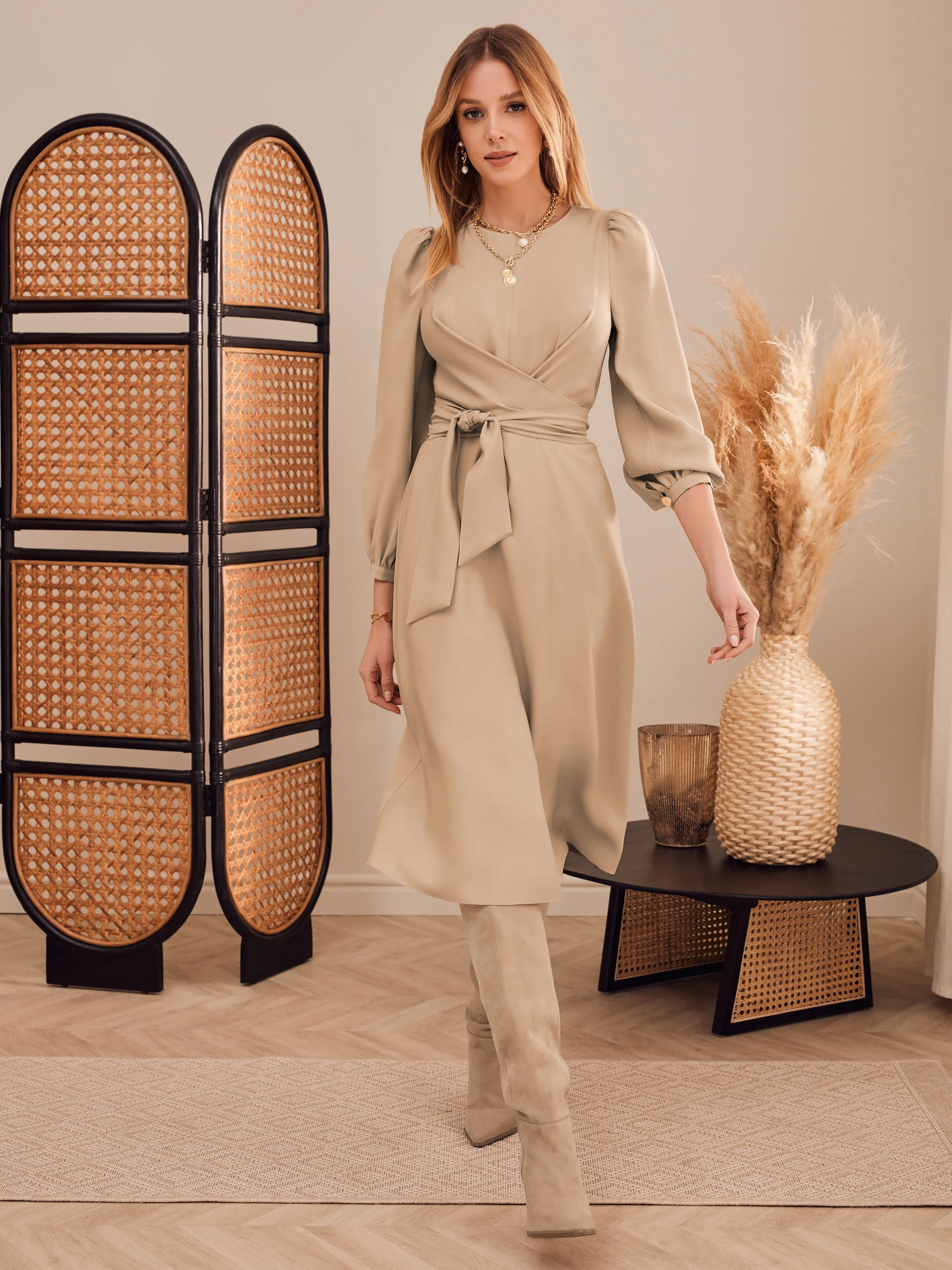 BEIGE TIED DRESS