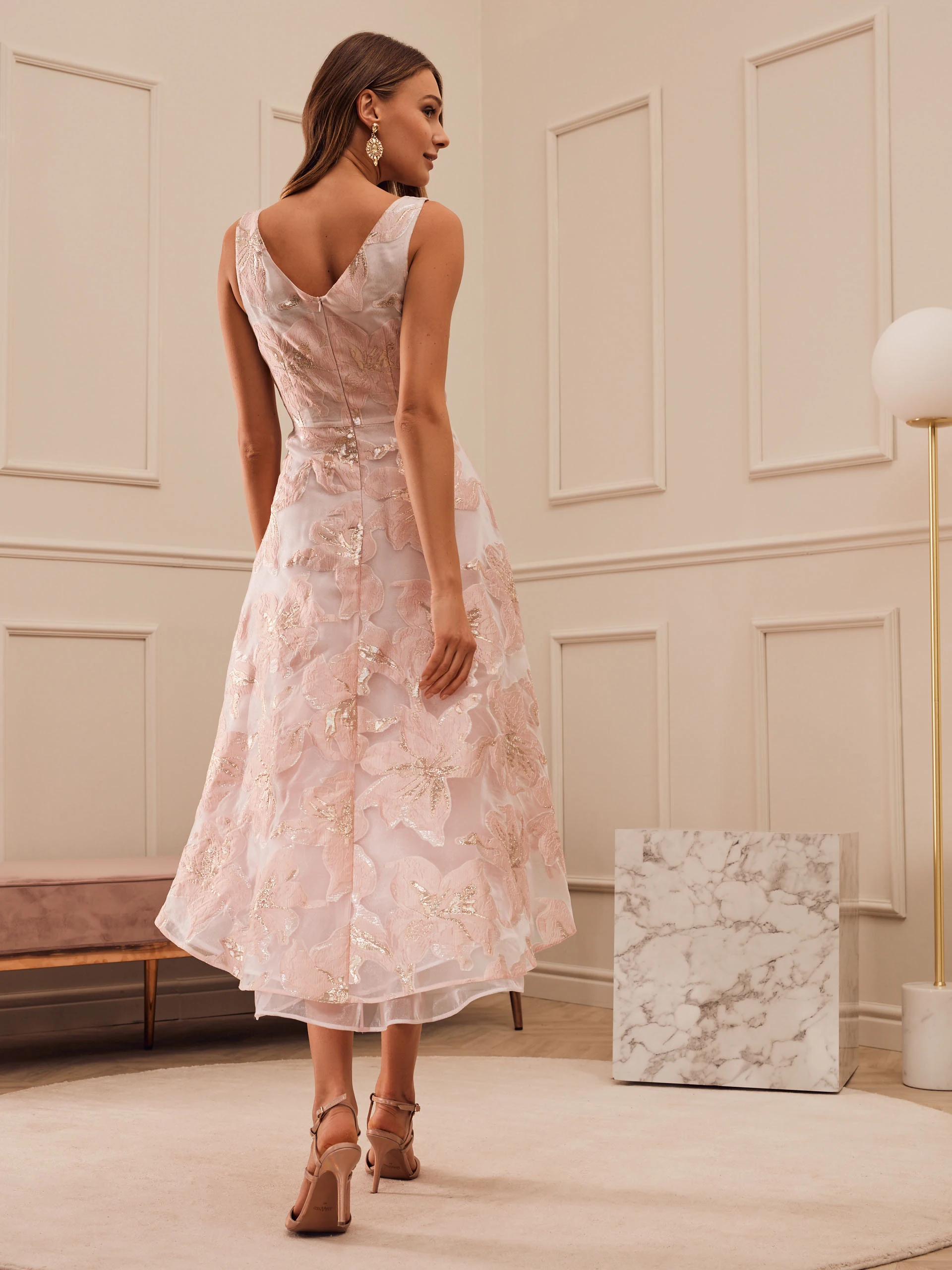 PINK DRESS WITH GOLD FLOWERS