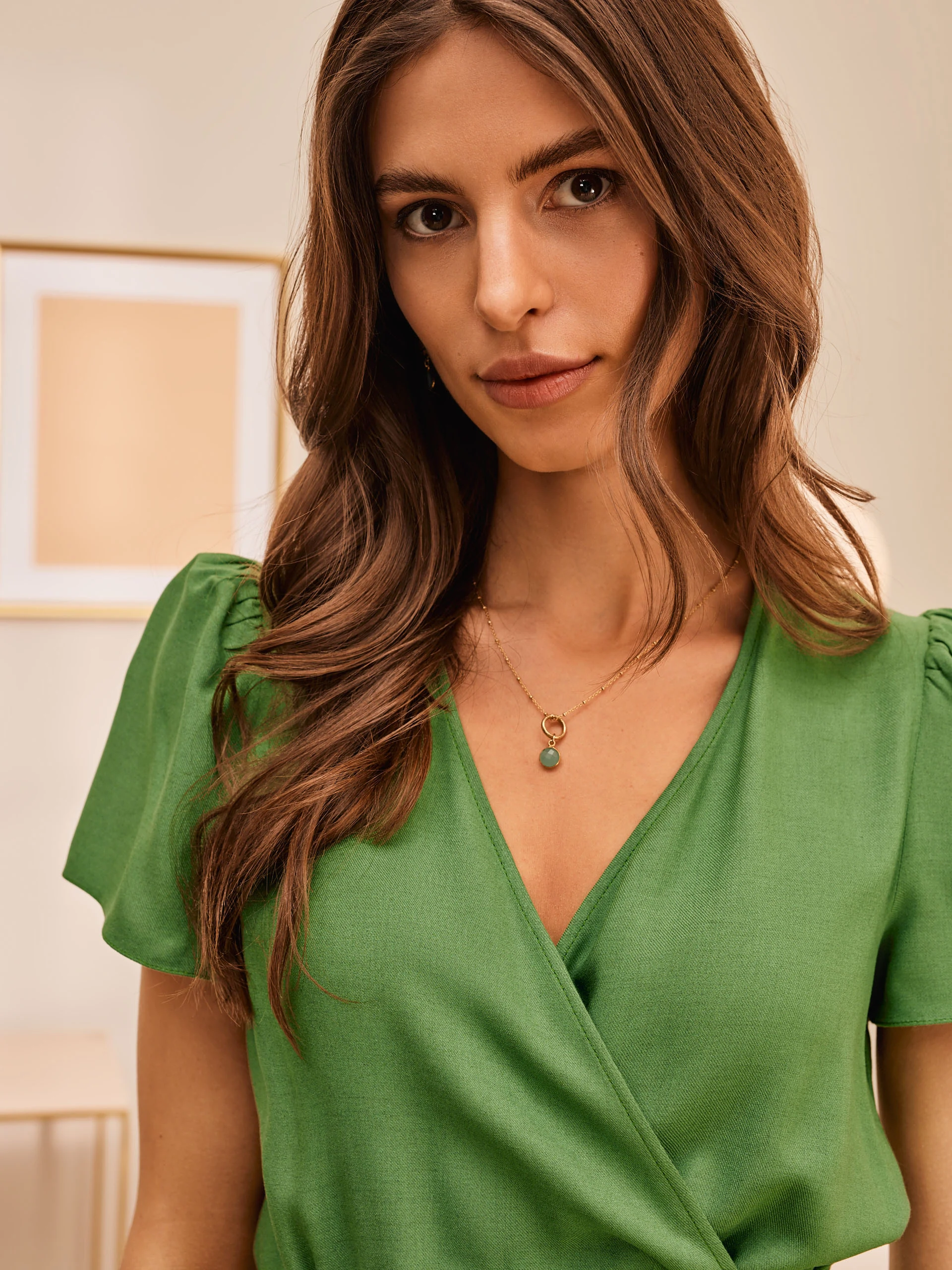 GREEN DRESS WITH ENVELOPE NECKLINE