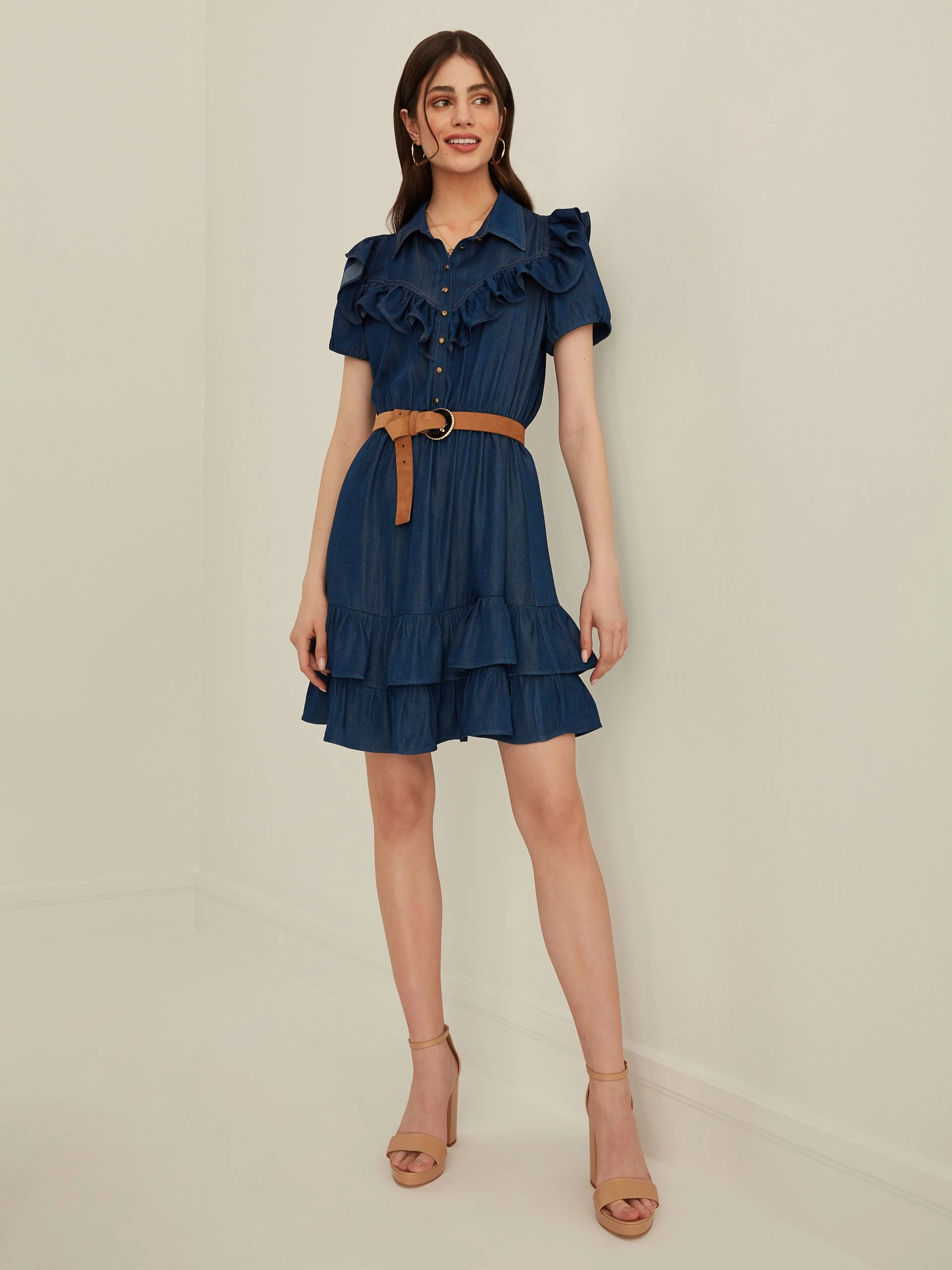 DENIM DRESS WITH RUFFLES
