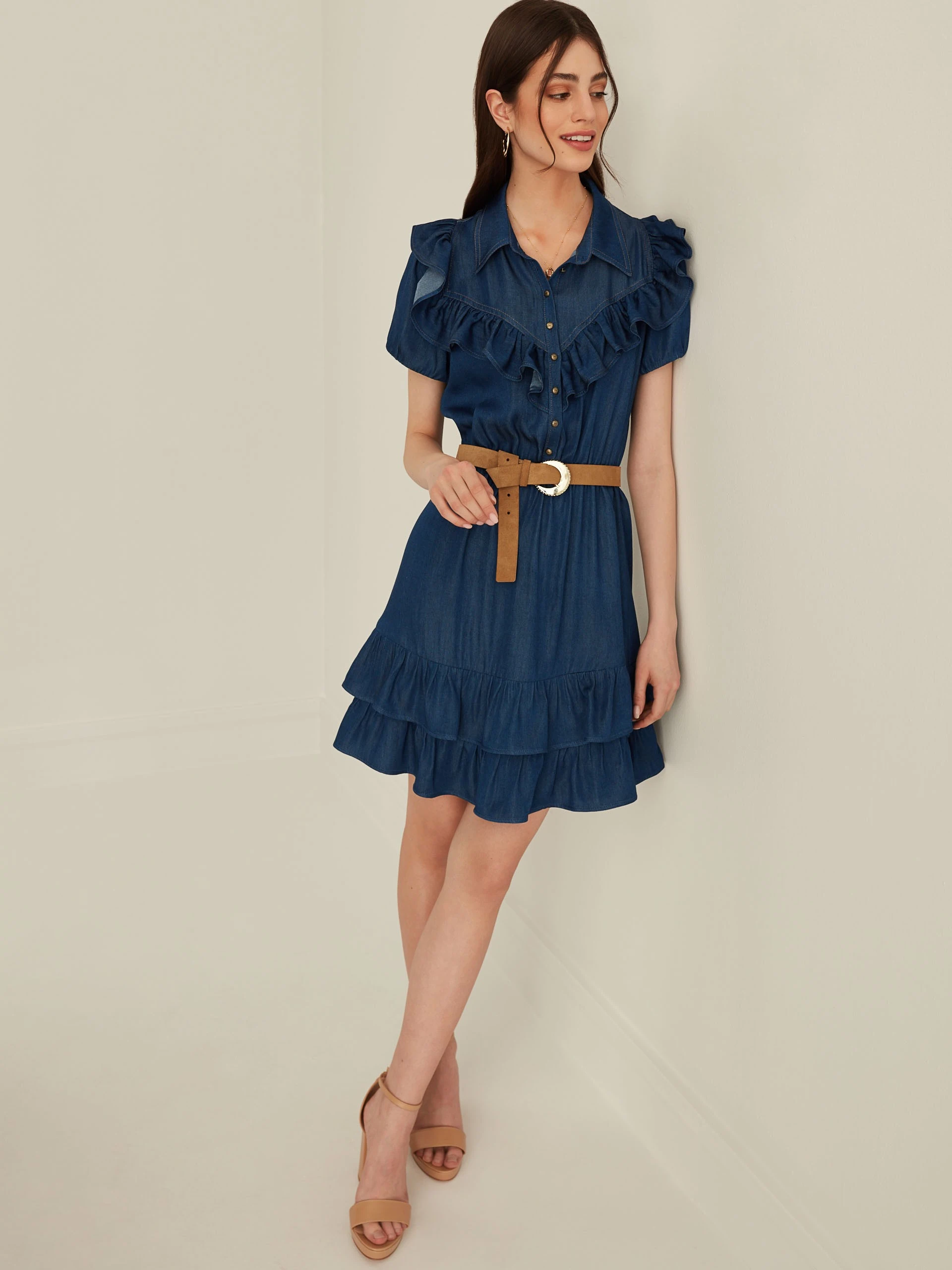 DENIM DRESS WITH RUFFLES