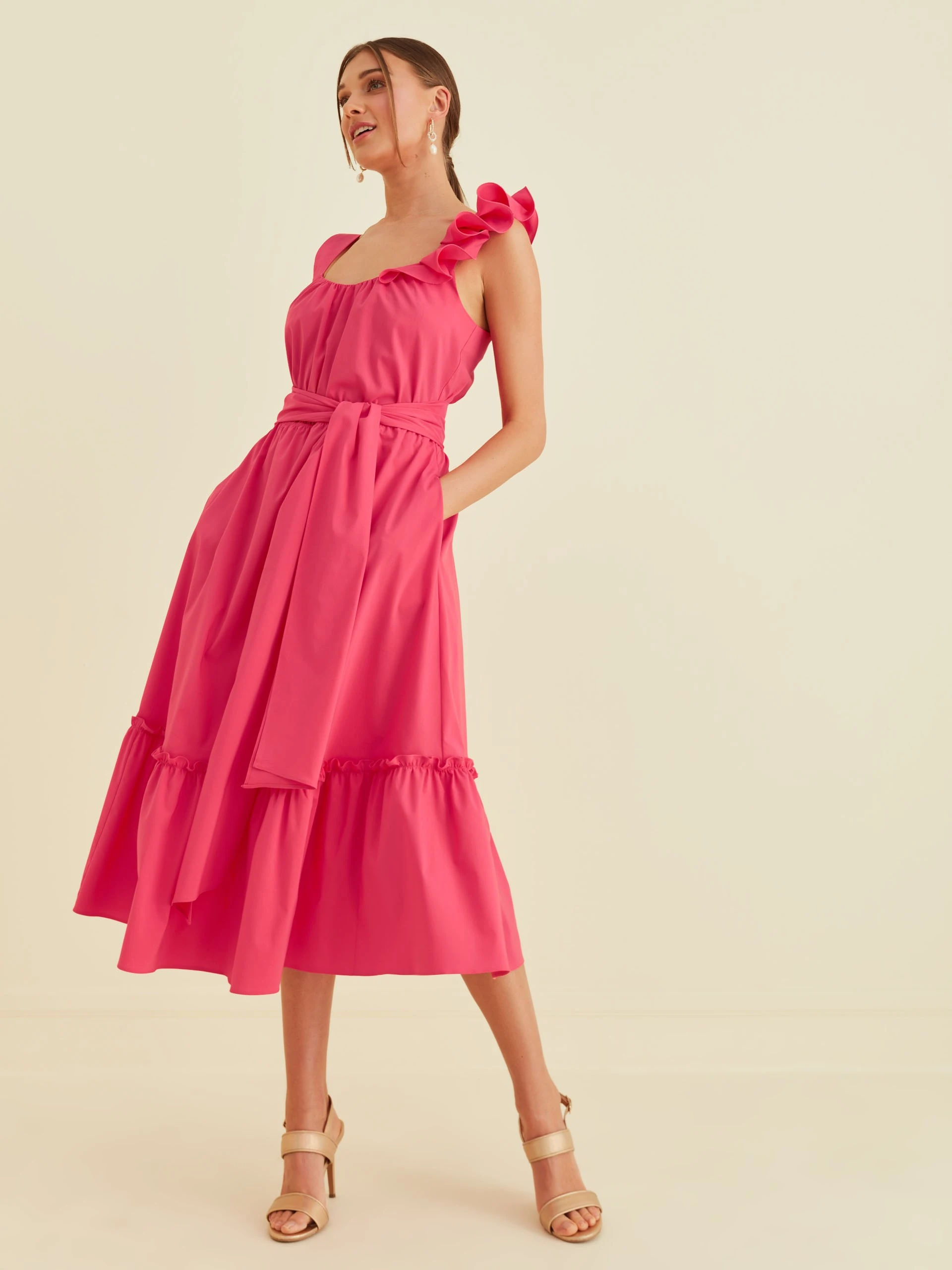 PINK DRESS WITH FRILLS AND WAIST TIE