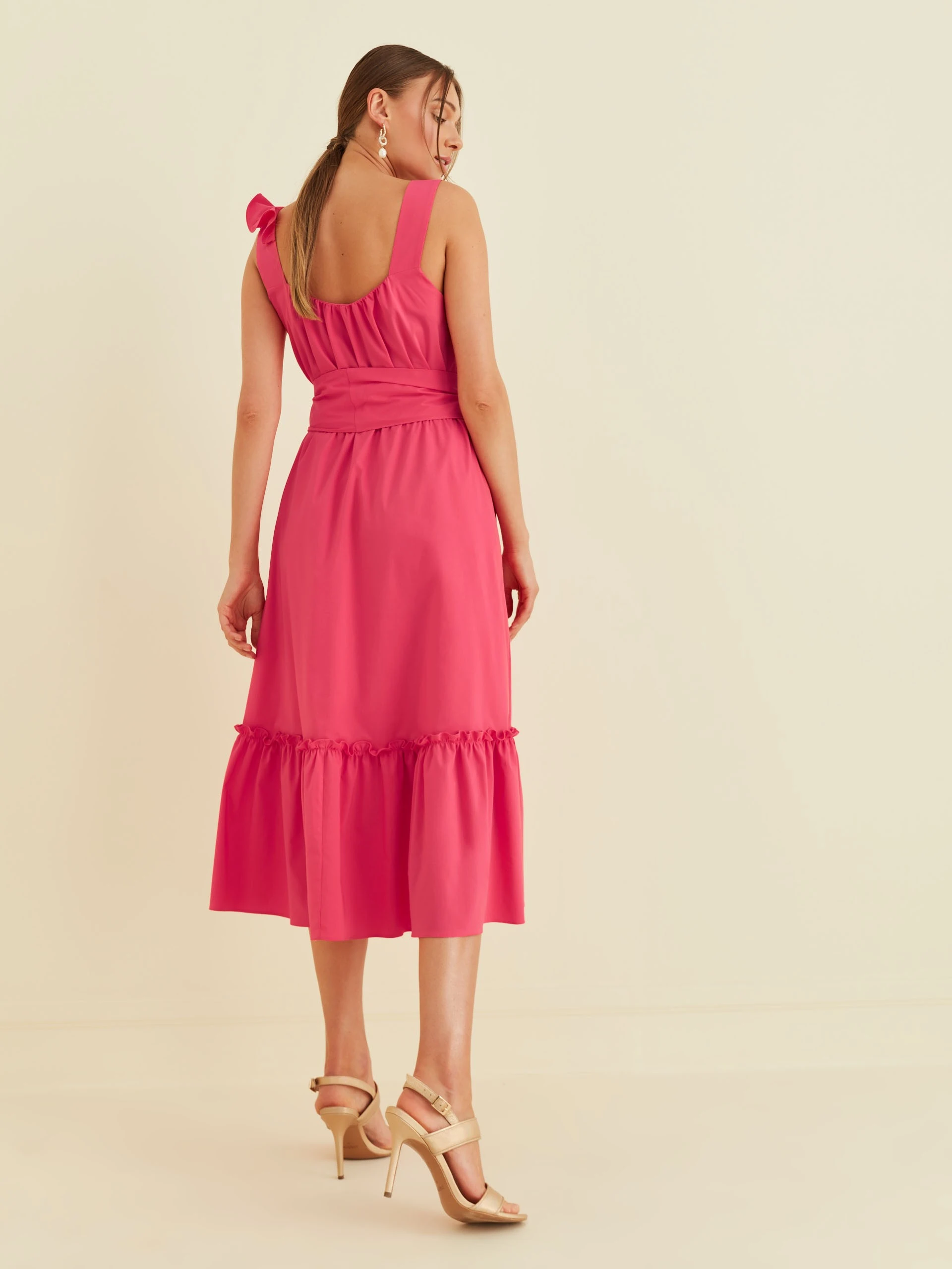 PINK DRESS WITH FRILLS AND WAIST TIE