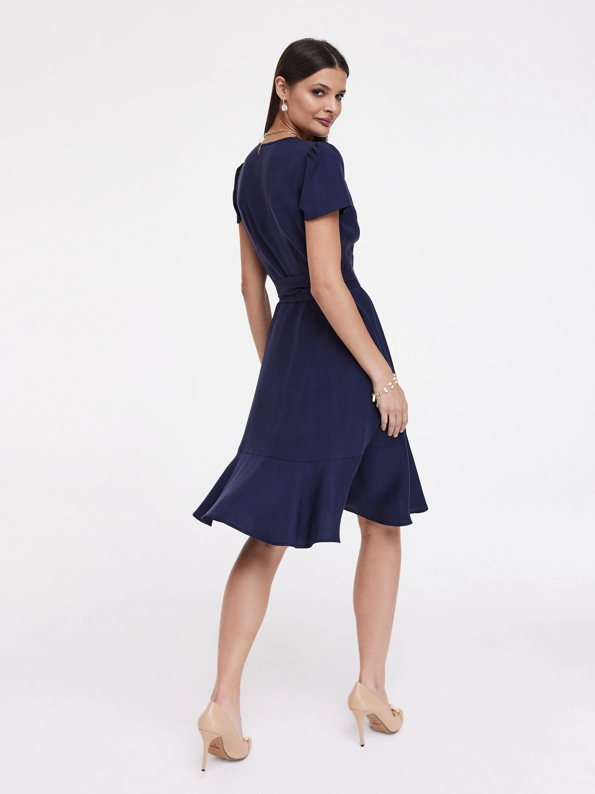 Navy blue dress with envelope neckline