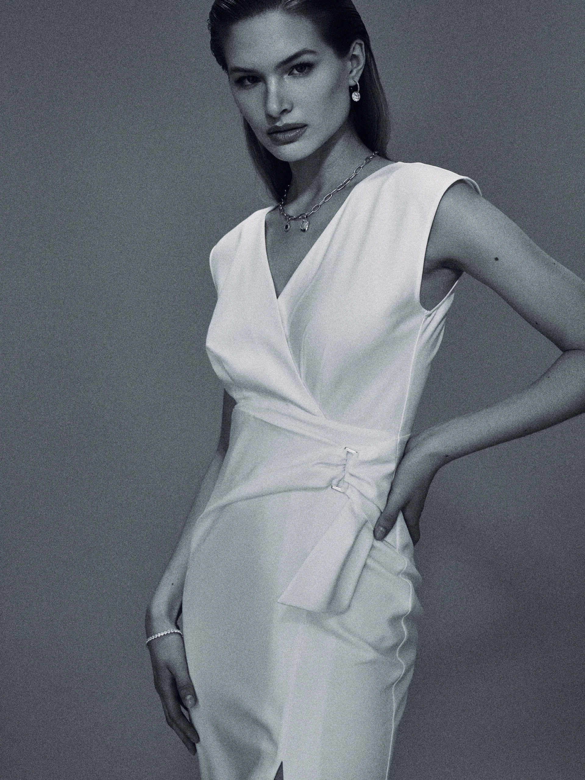 White dress with envelope neckline