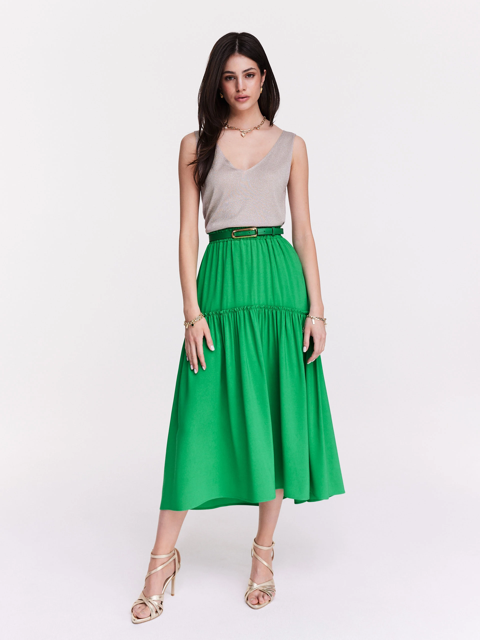 Green flared skirt with ruffles