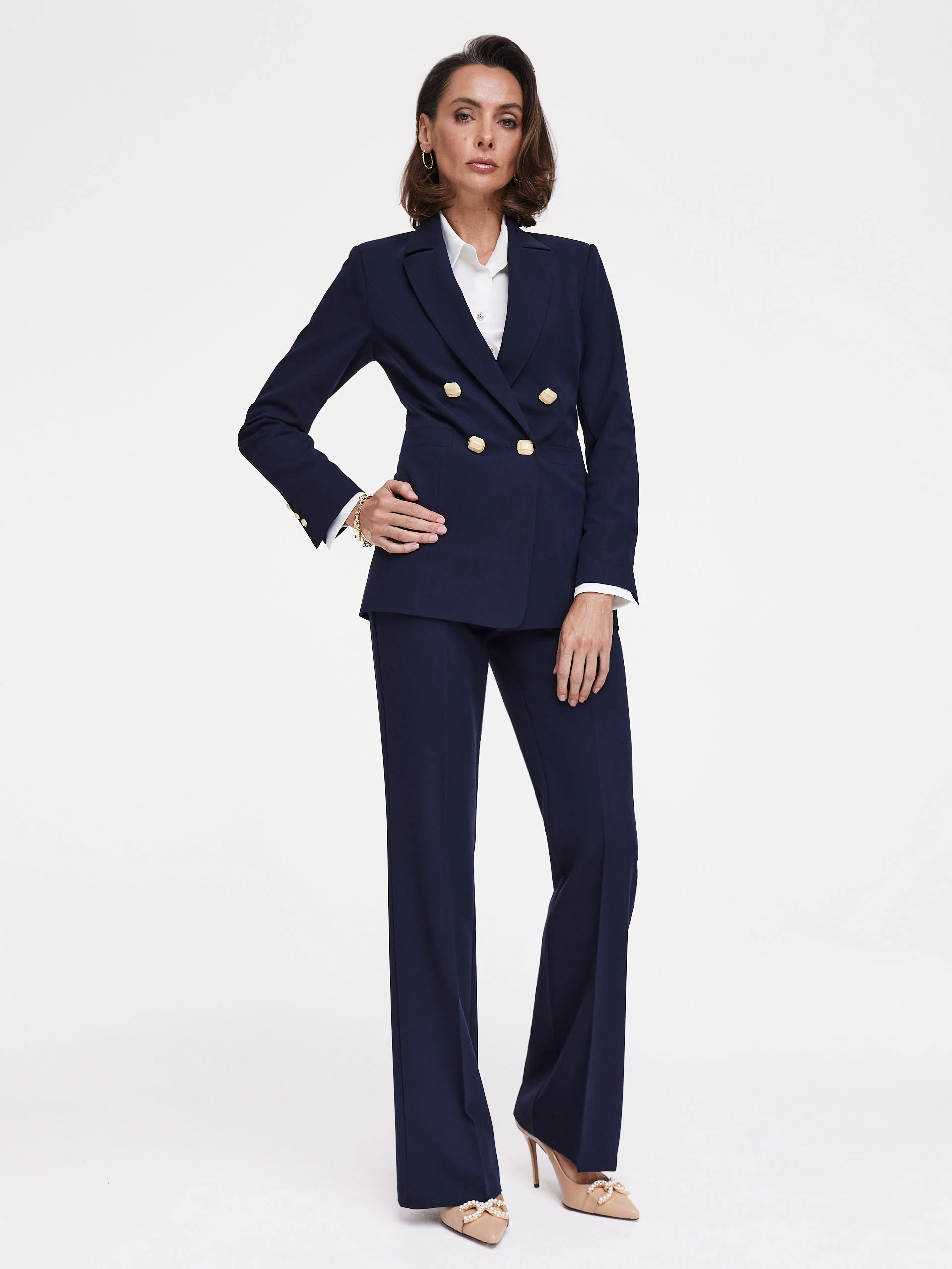 Navy blue jacket with gold buttons