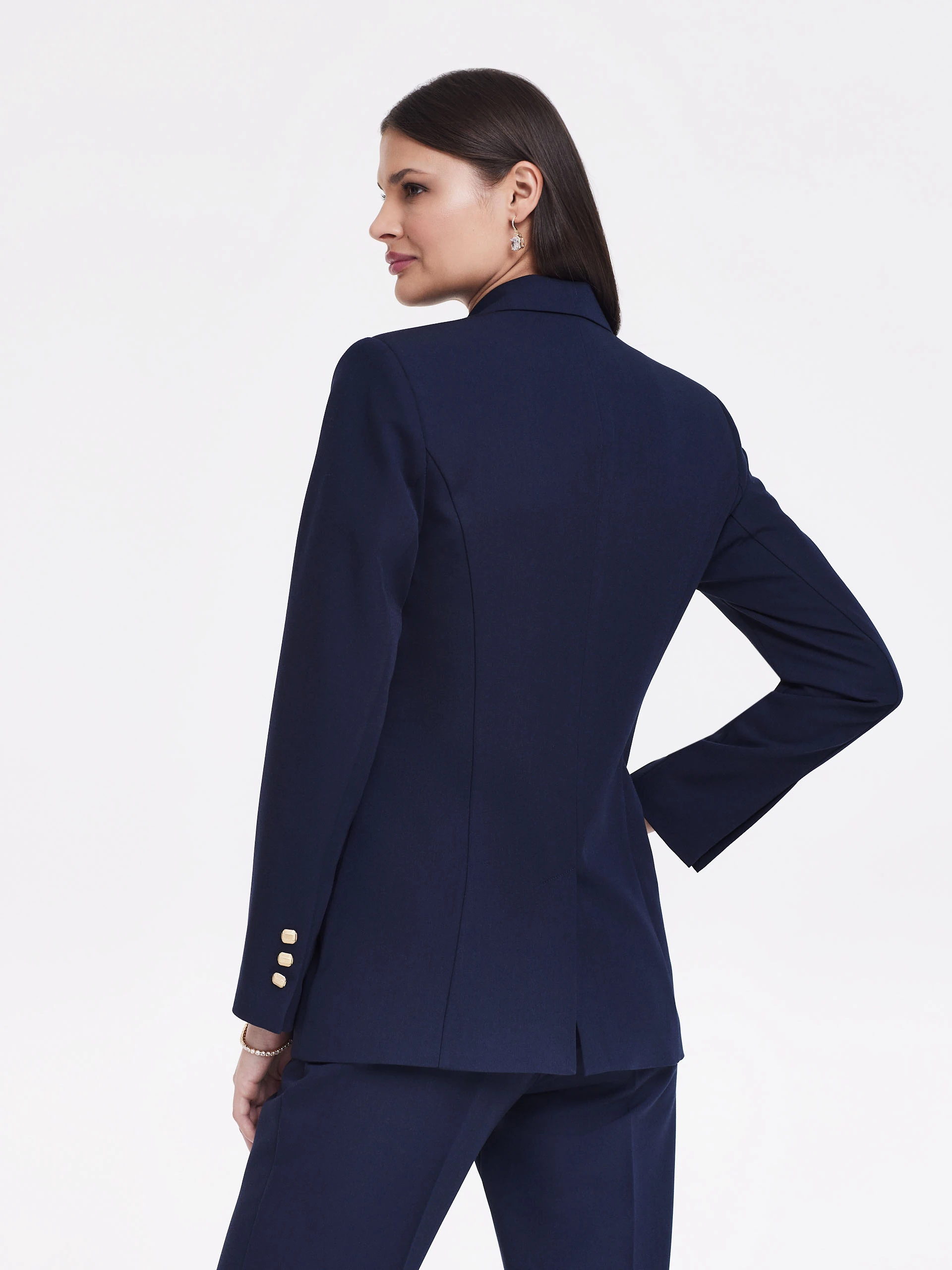 Navy blue jacket with gold buttons