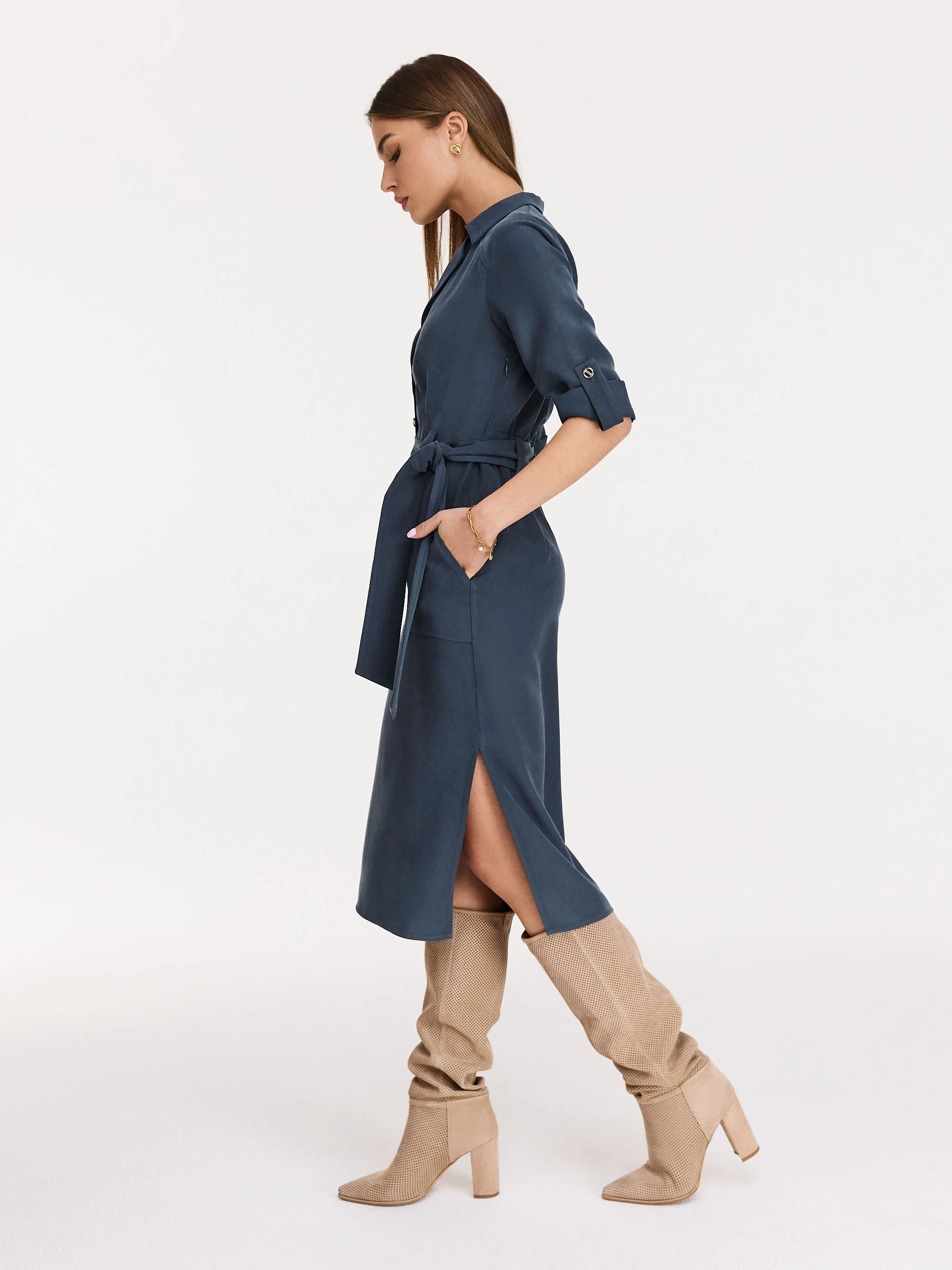 Navy blue midi shimmer with decorative buttons