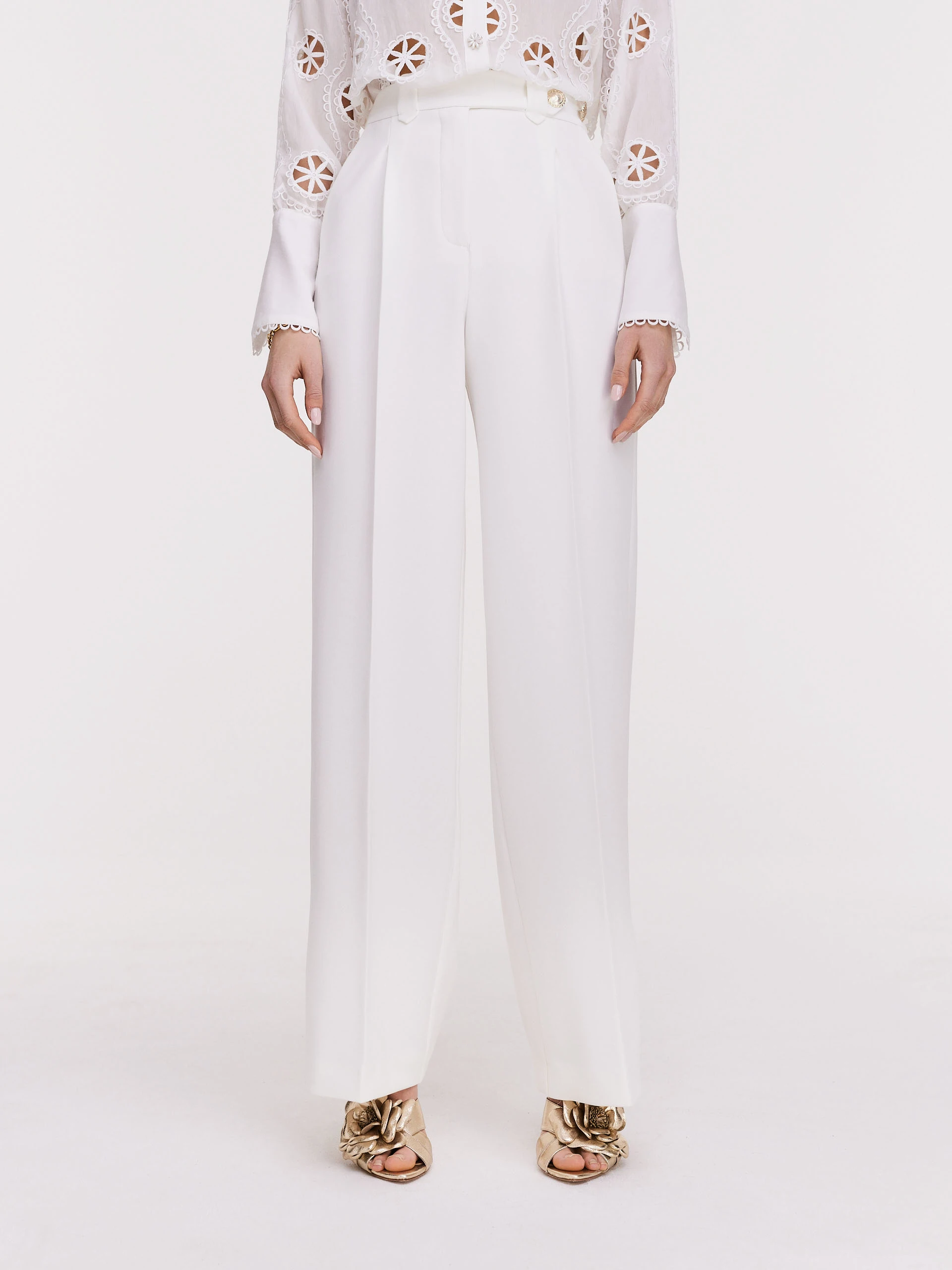 Cream pants with wide legs and high waist
