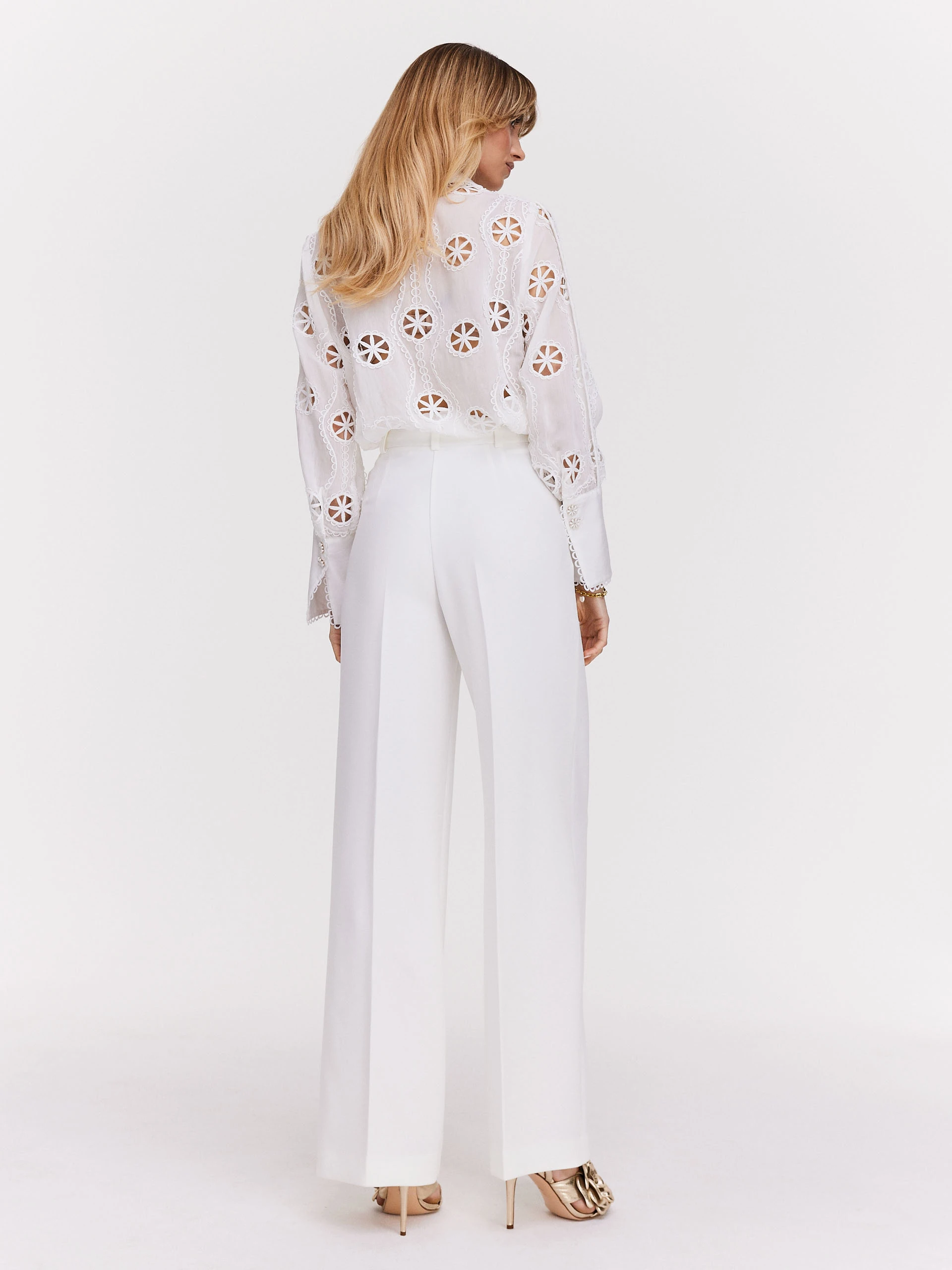 Cream pants with wide legs and high waist