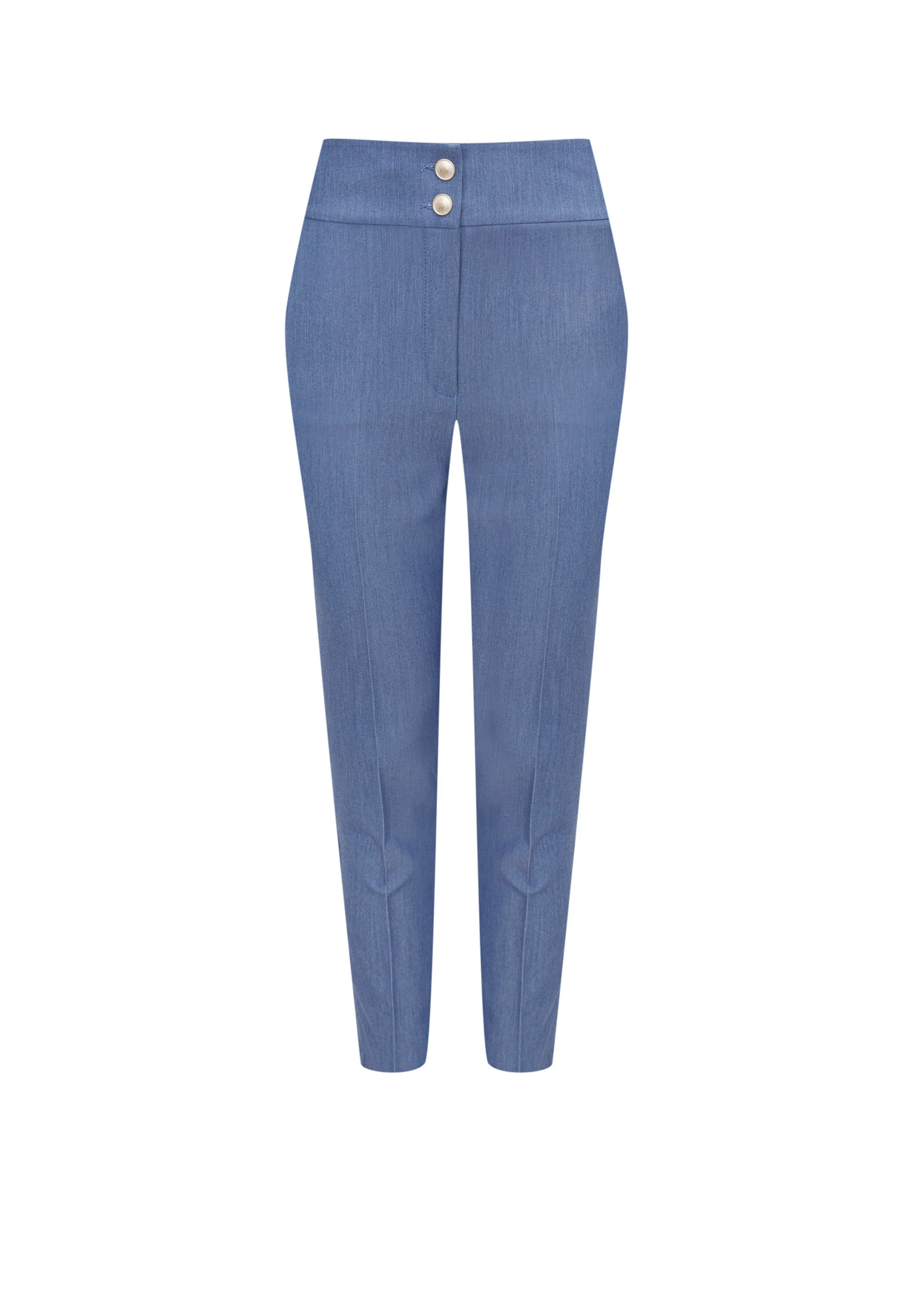 Blue pants with narrow legs and high rise