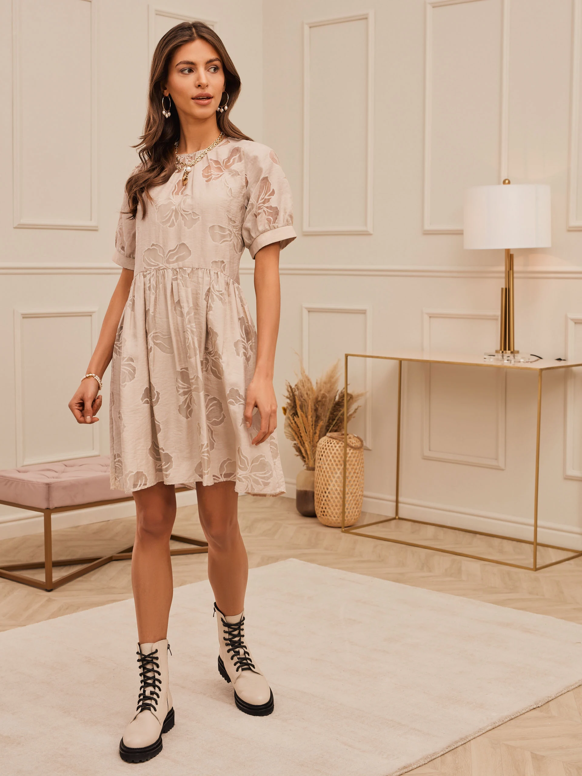 BEIGE DRESS WITH TRANSPARENT PATTERN