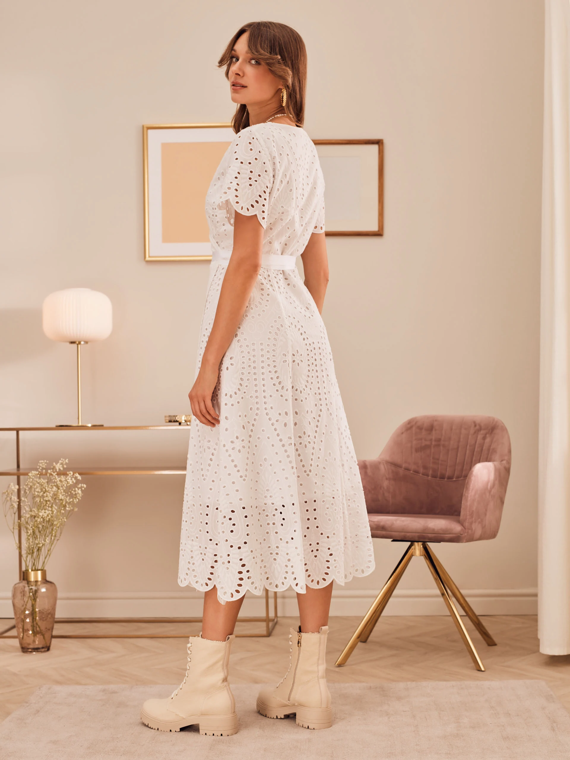 WHITE OPENWORK DRESS WITH ENVELOPE CUT