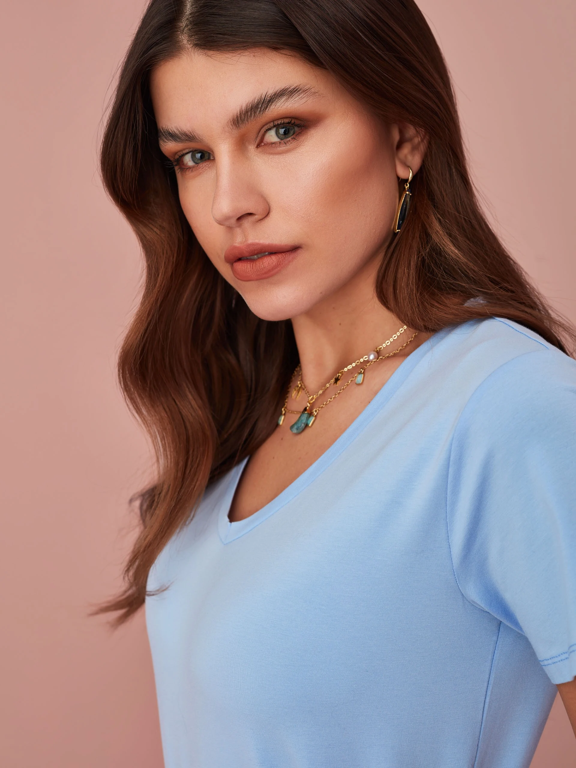 BLUE BLOUSE WITH V NECKLINE