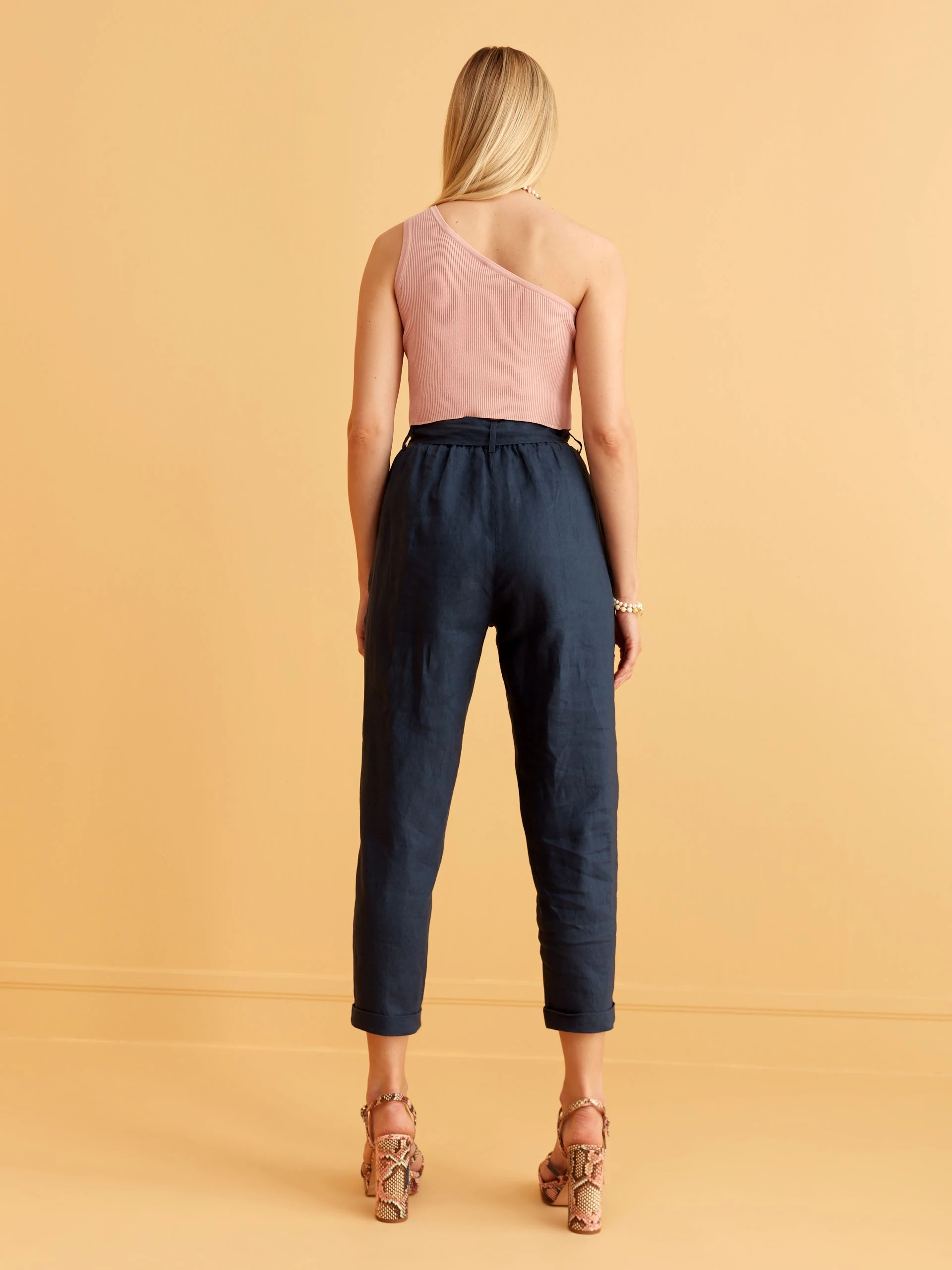 NAVY LINEN CIGARETTE PANTS