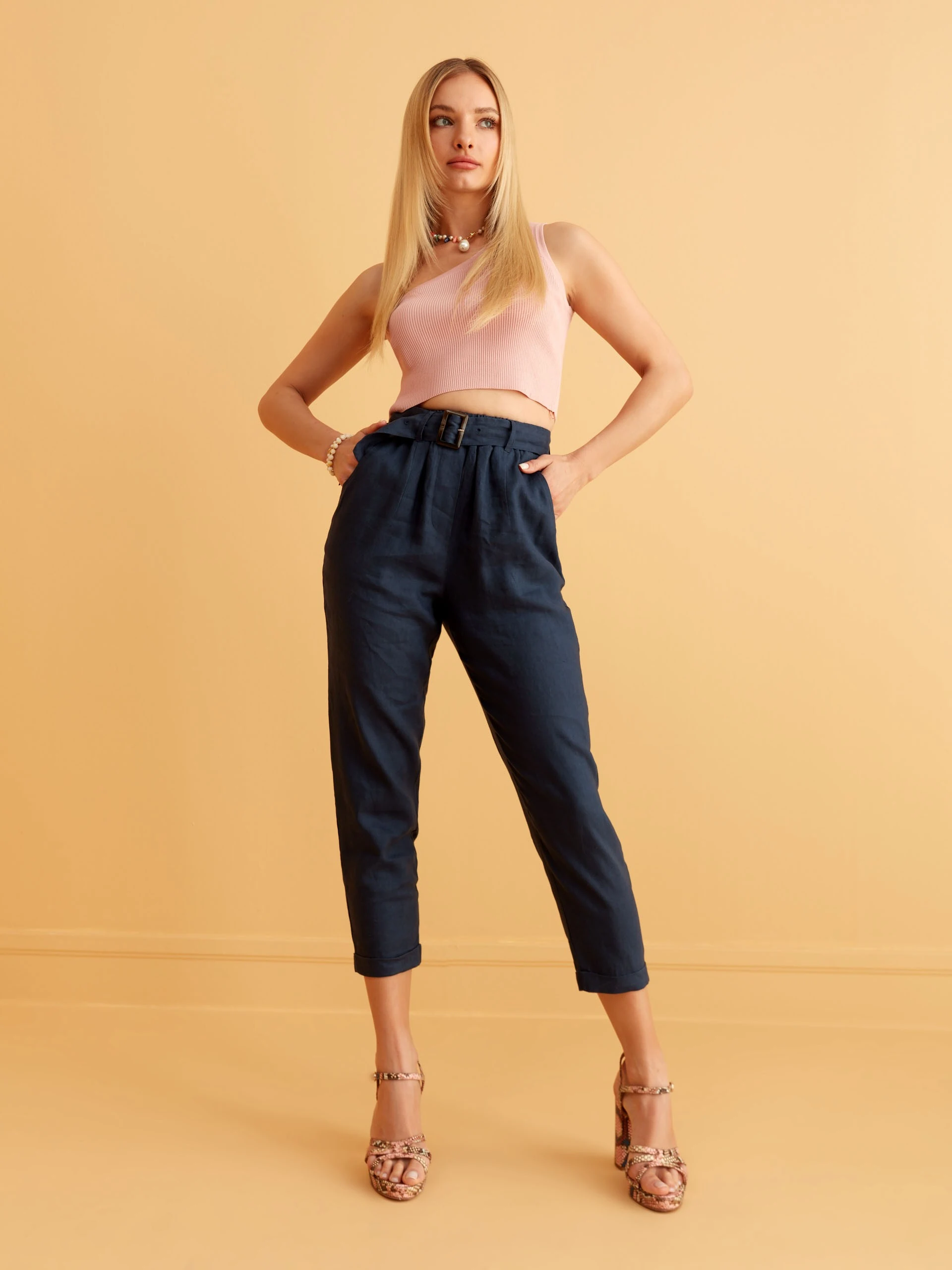 NAVY LINEN CIGARETTE PANTS
