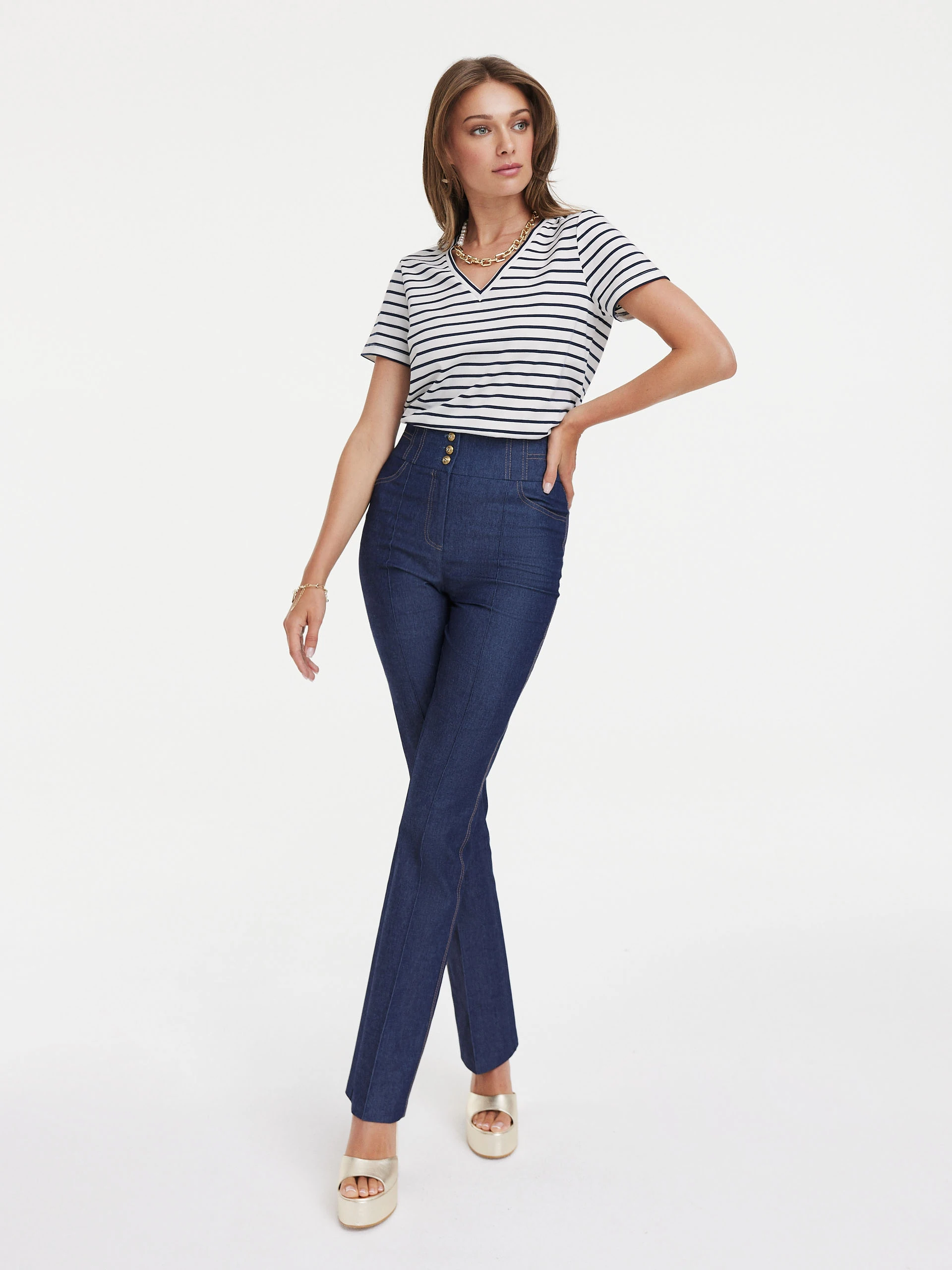 White T-shirt with navy blue stripes