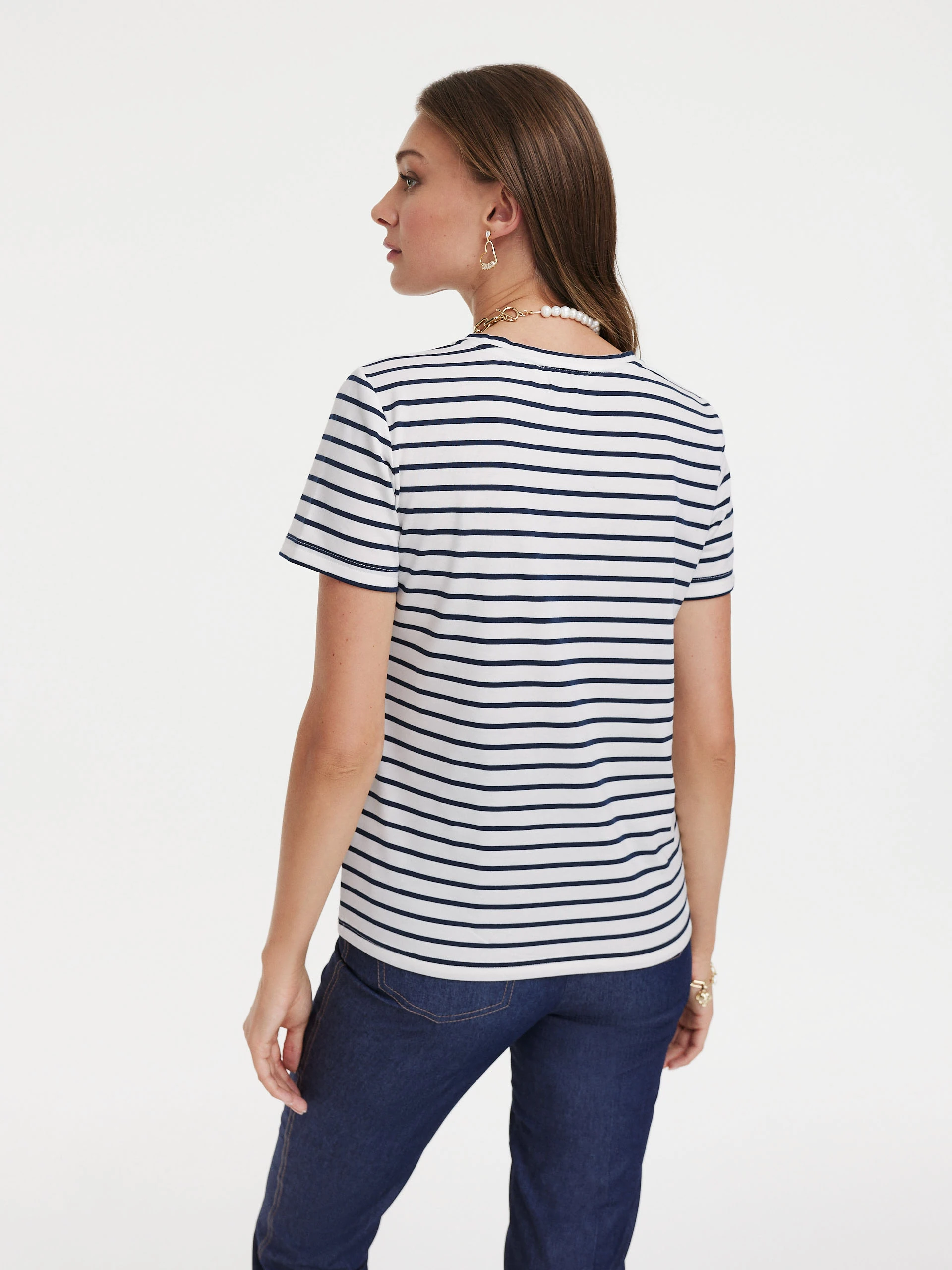White T-shirt with navy blue stripes