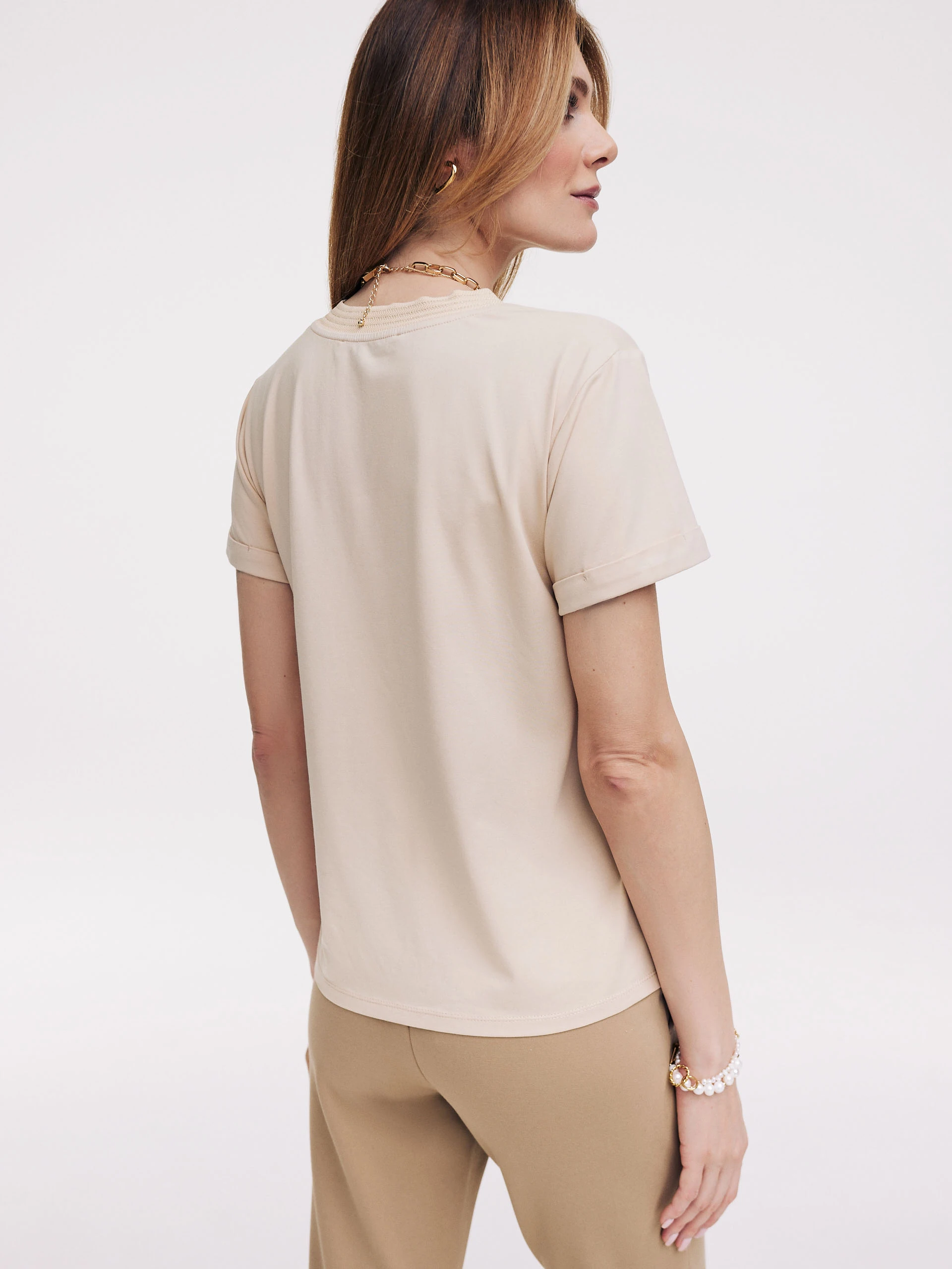 Beige T-shirt with V neckline