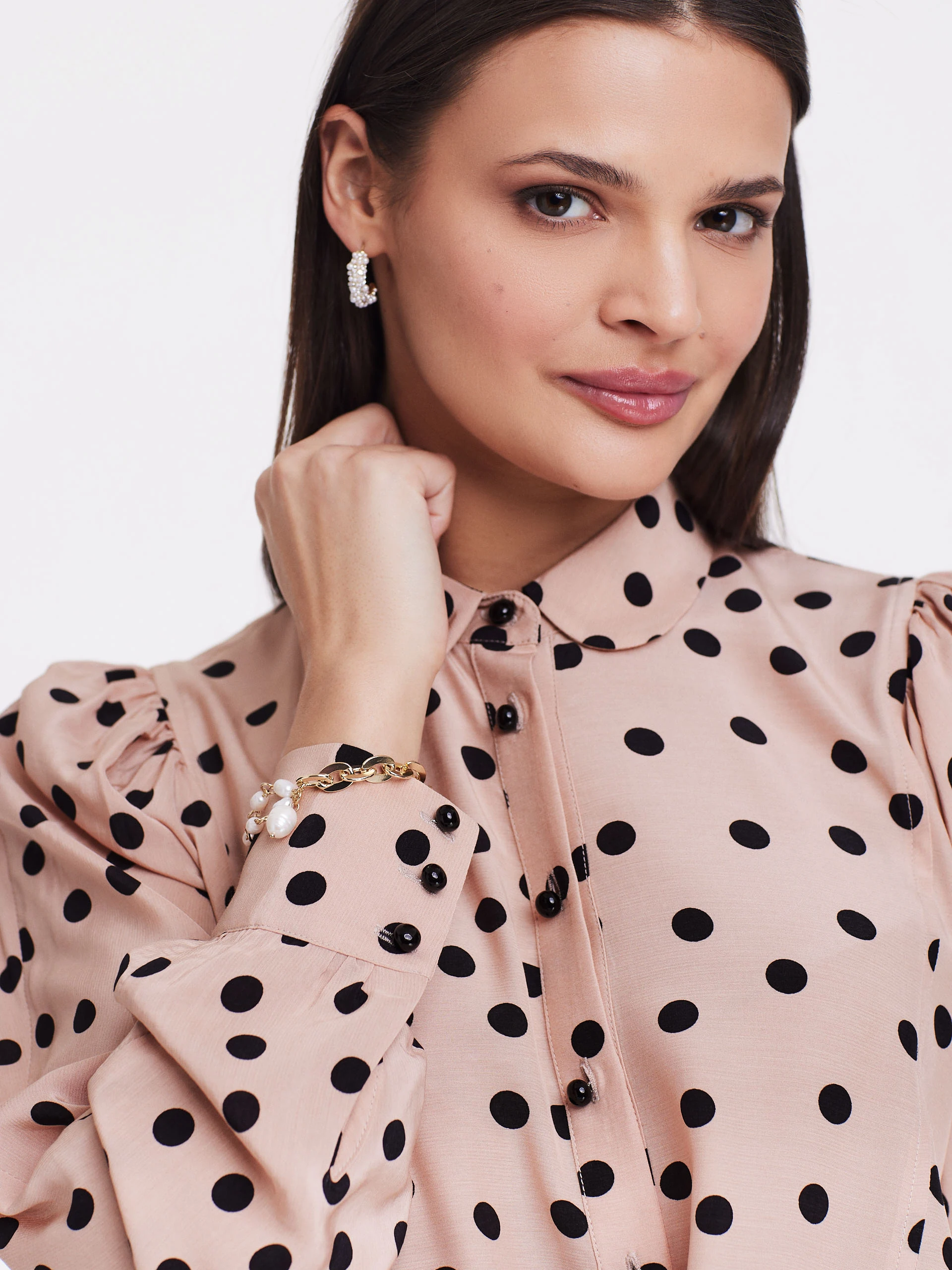 Powder pink shirt with black peas