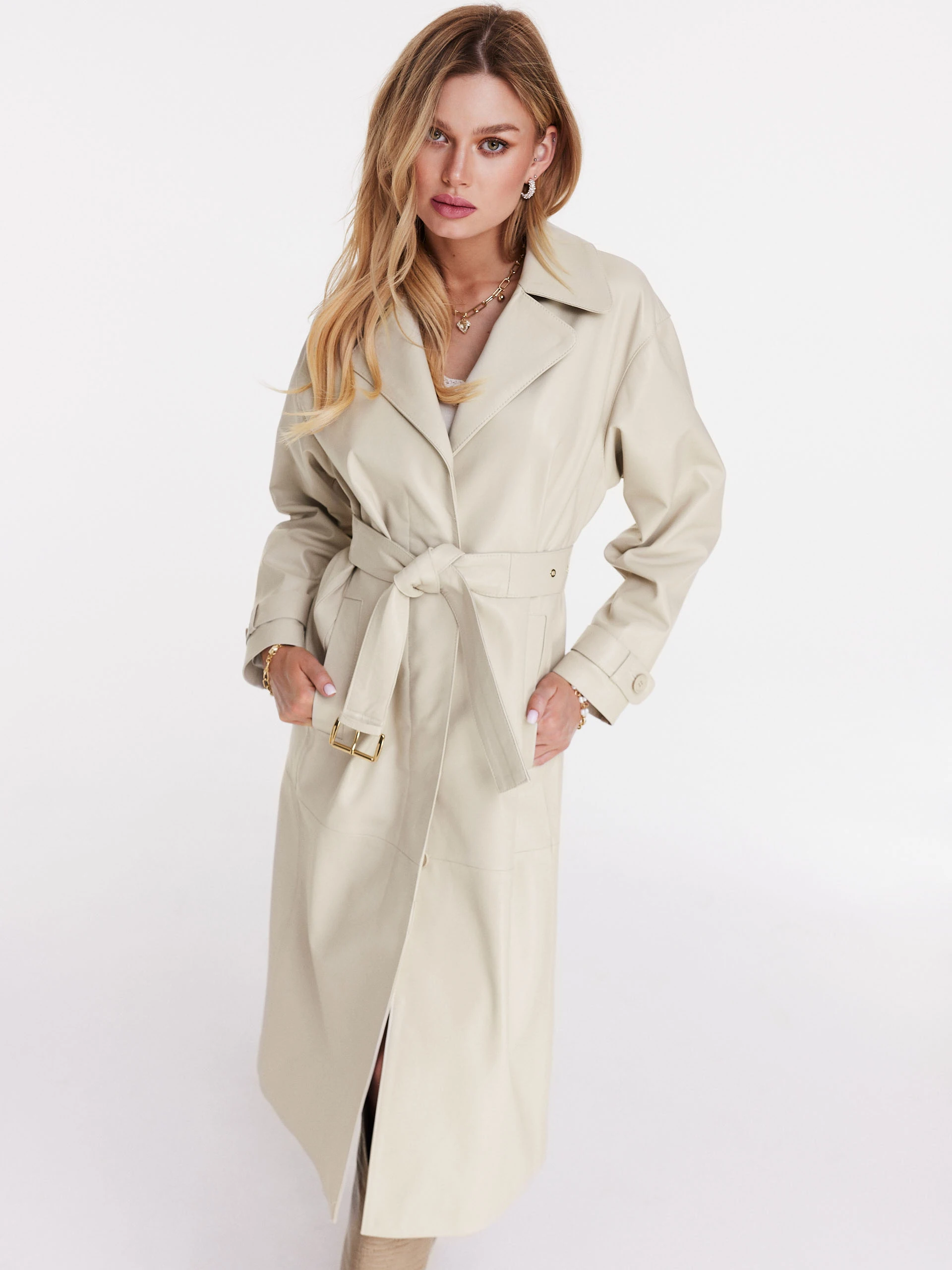 Long leather coat in ecru color