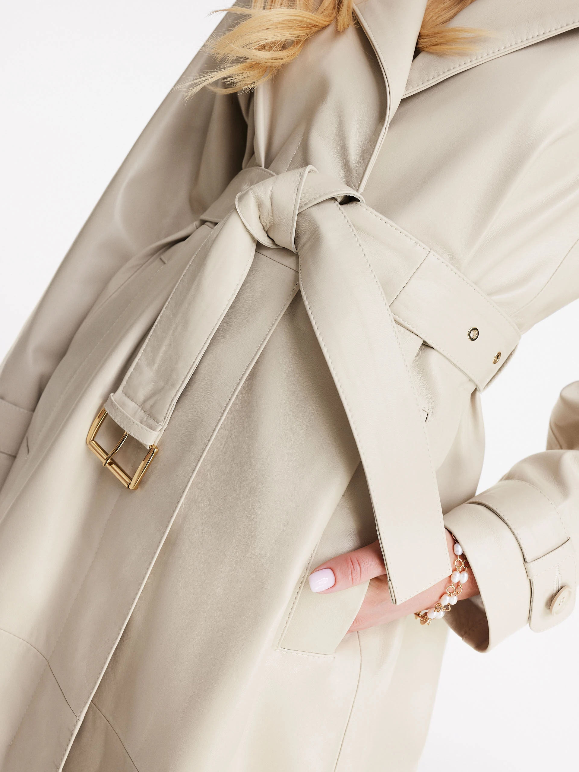 Long leather coat in ecru color