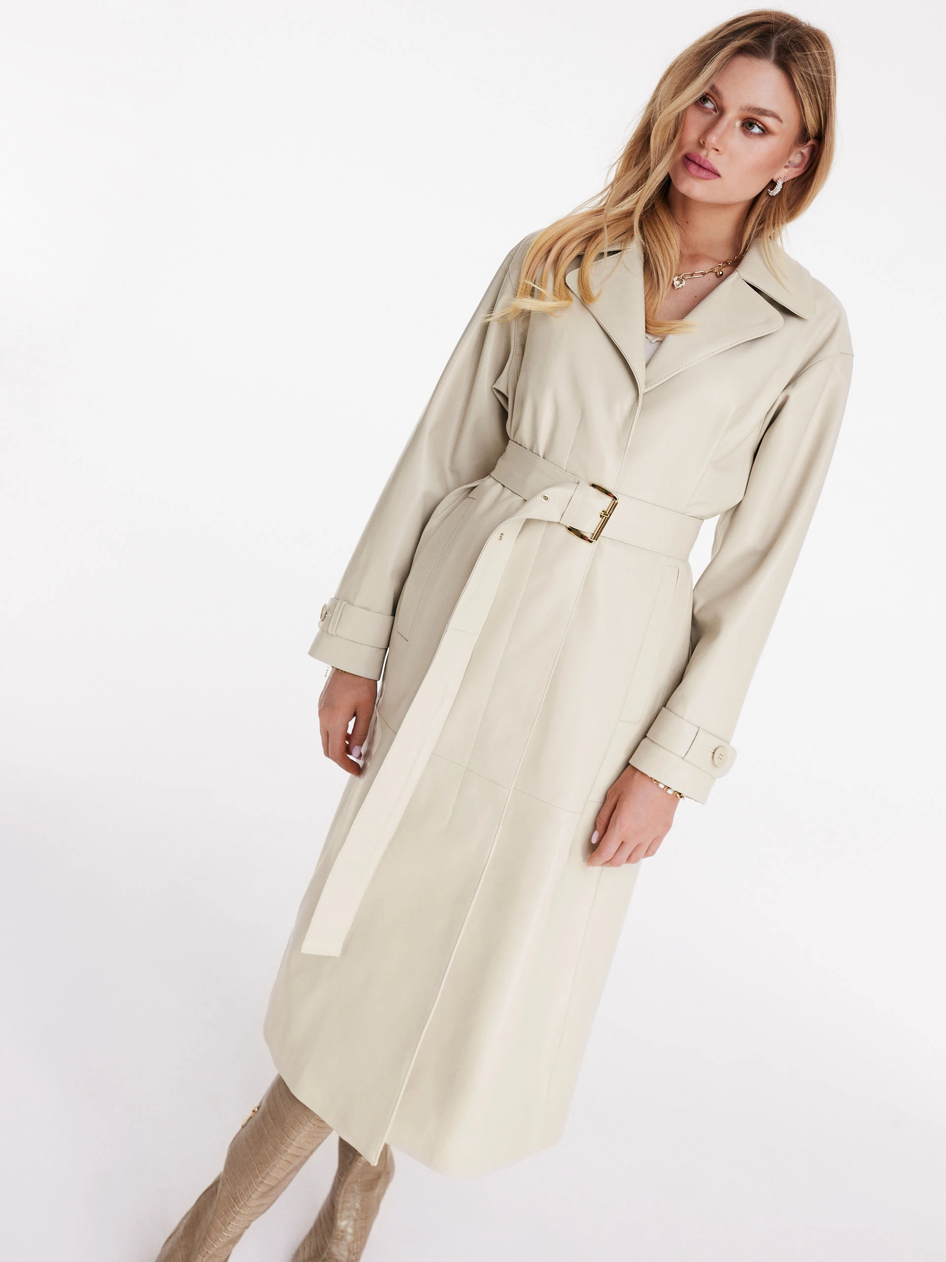 Long leather coat in ecru color
