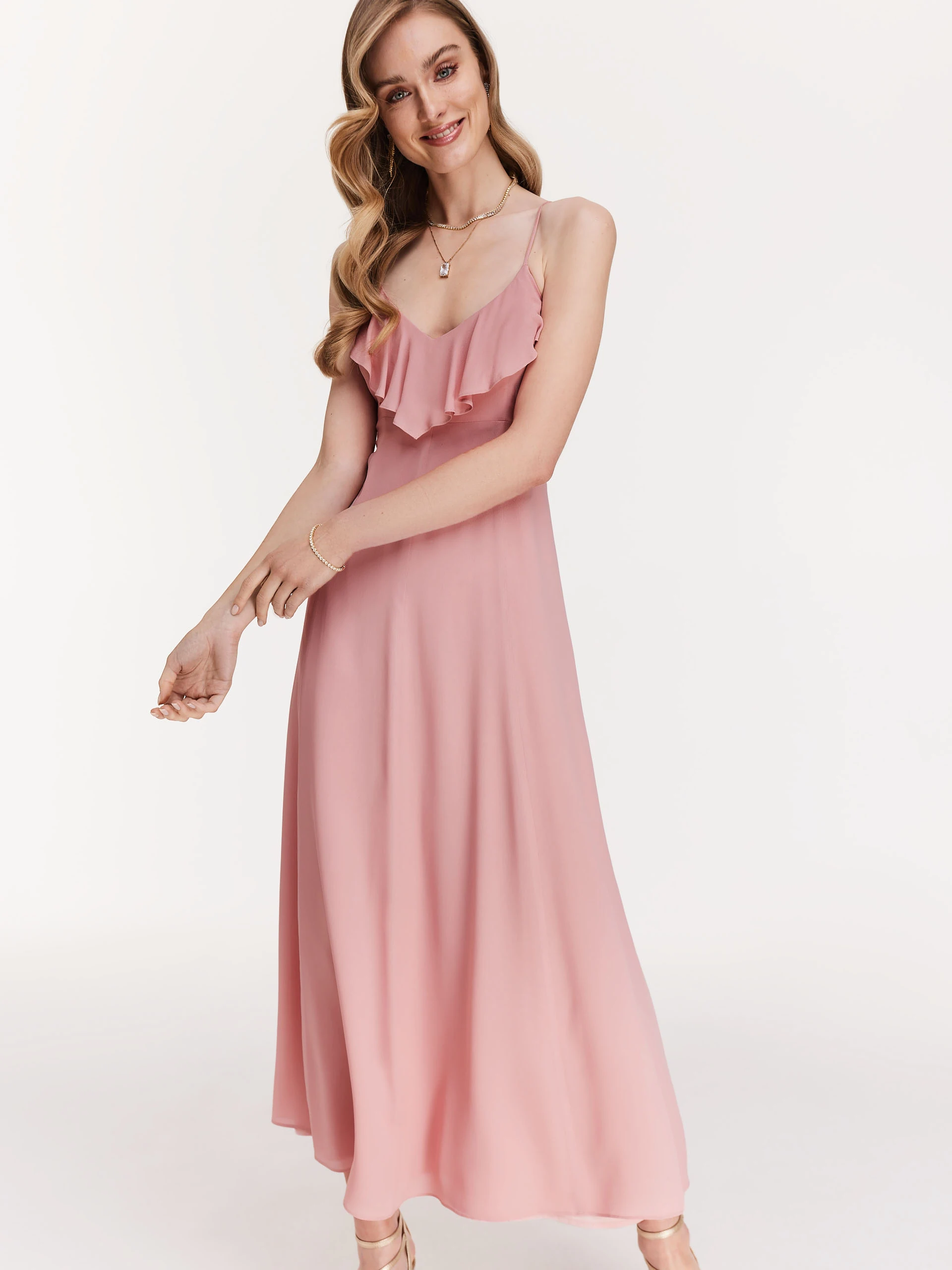 Pink long dress with ruffle