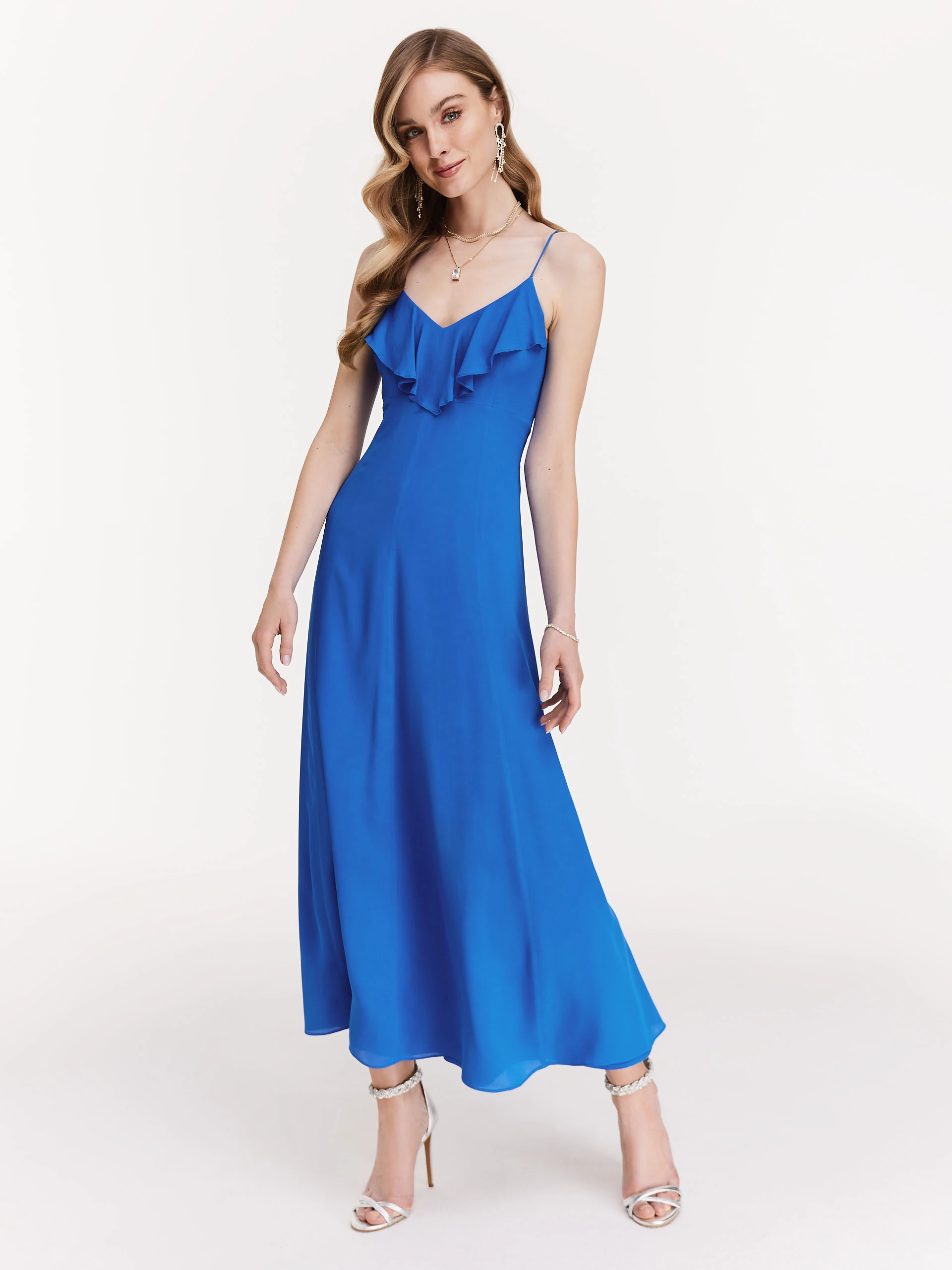 Cobalt long dress with ruffle