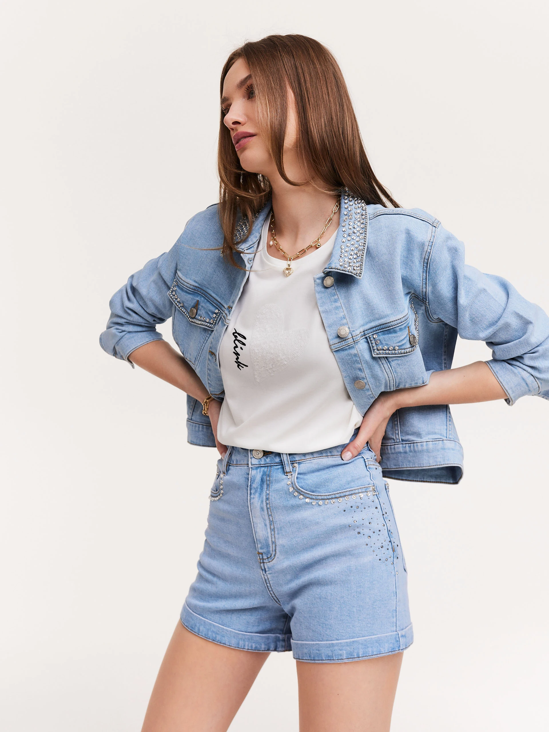 Denim shorts with rhinestones