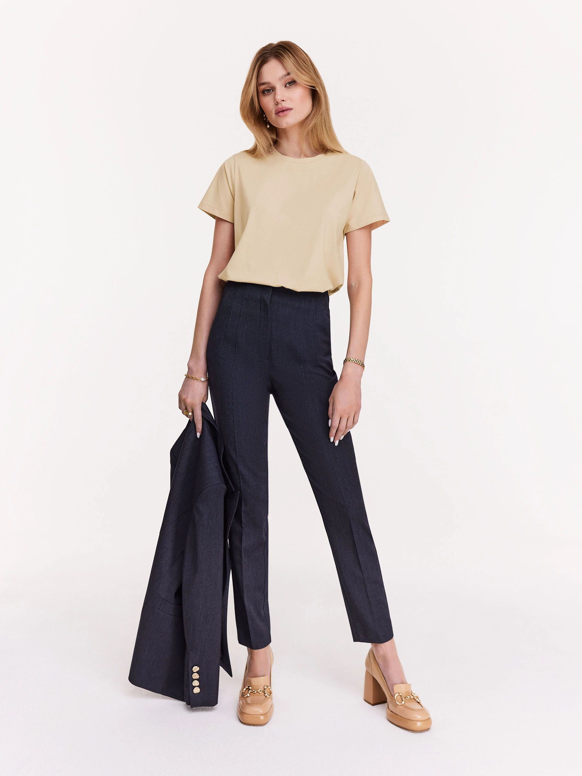 Beige loose blouse with short sleeves