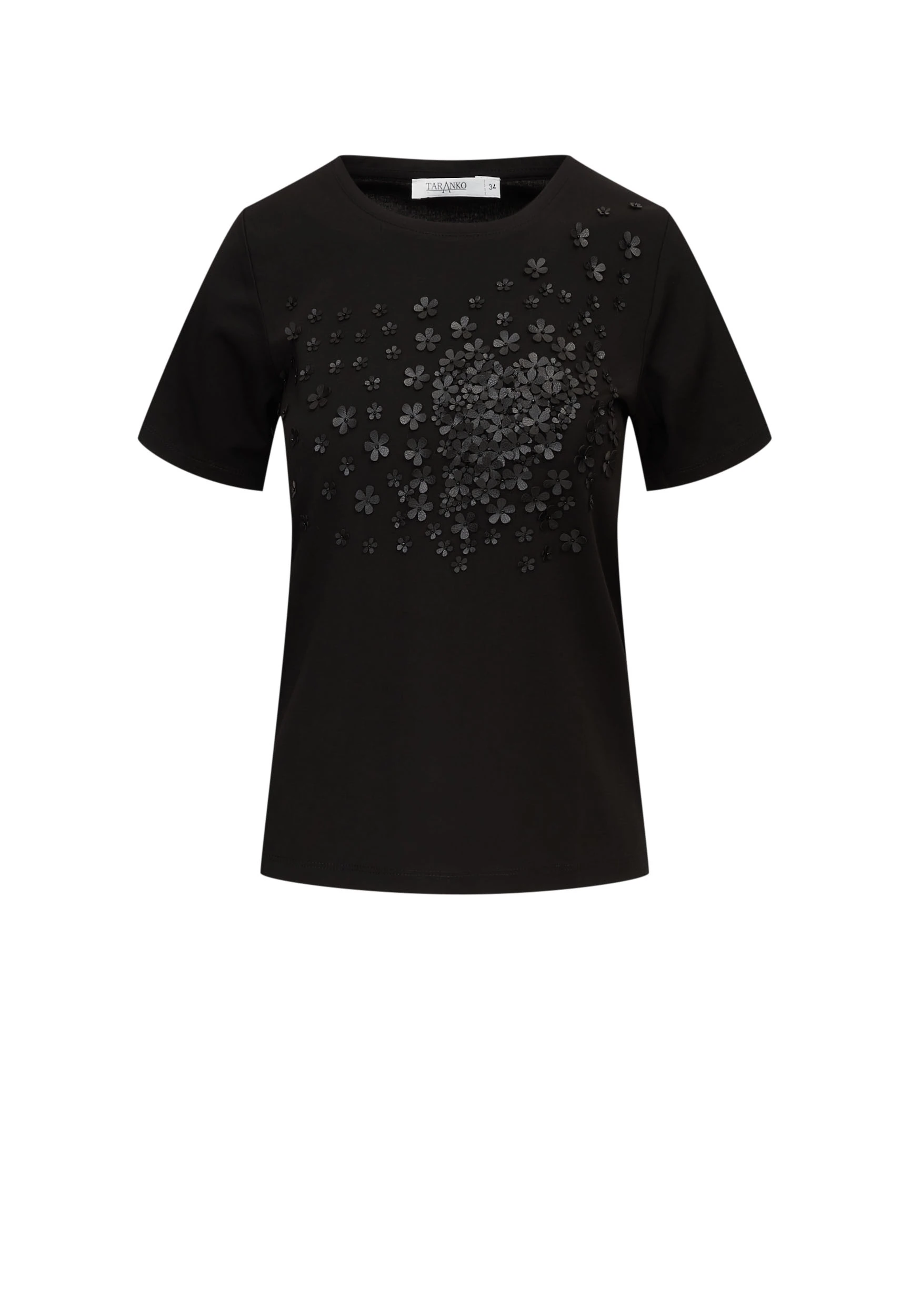Black blouse with short sleeves and floral appliqué