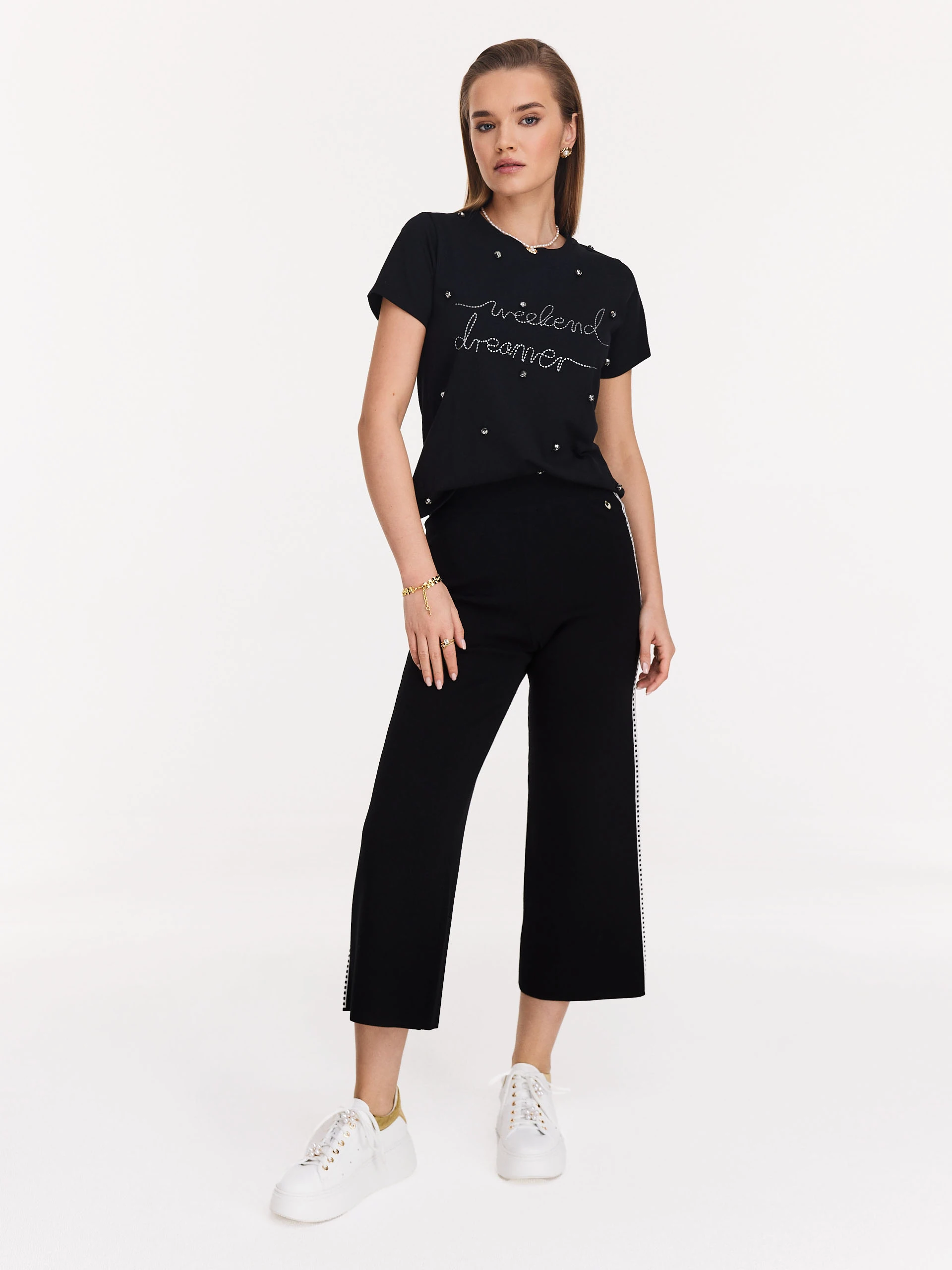 Cotton black blouse with short sleeves and lettering