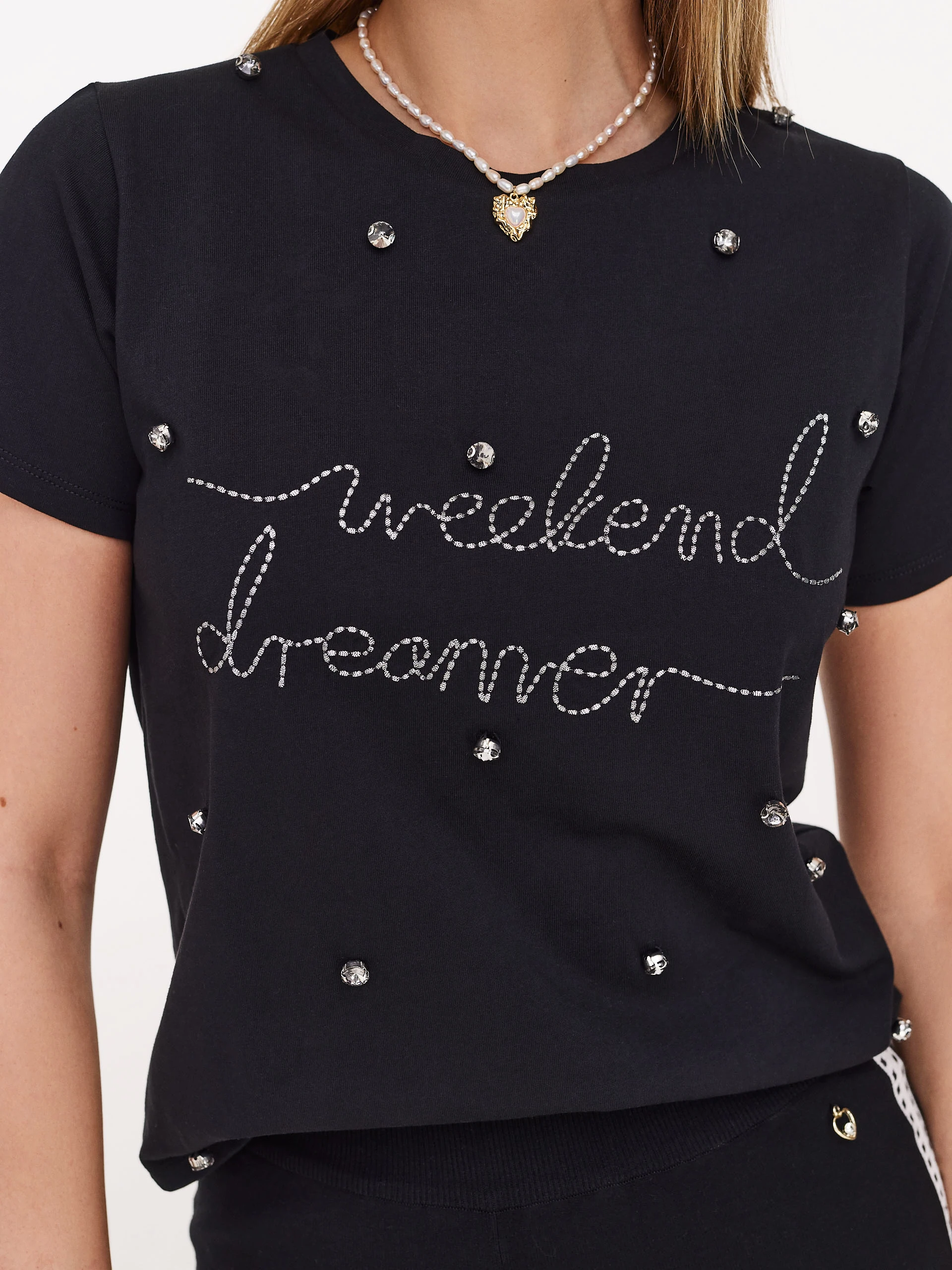 Cotton black blouse with short sleeves and lettering