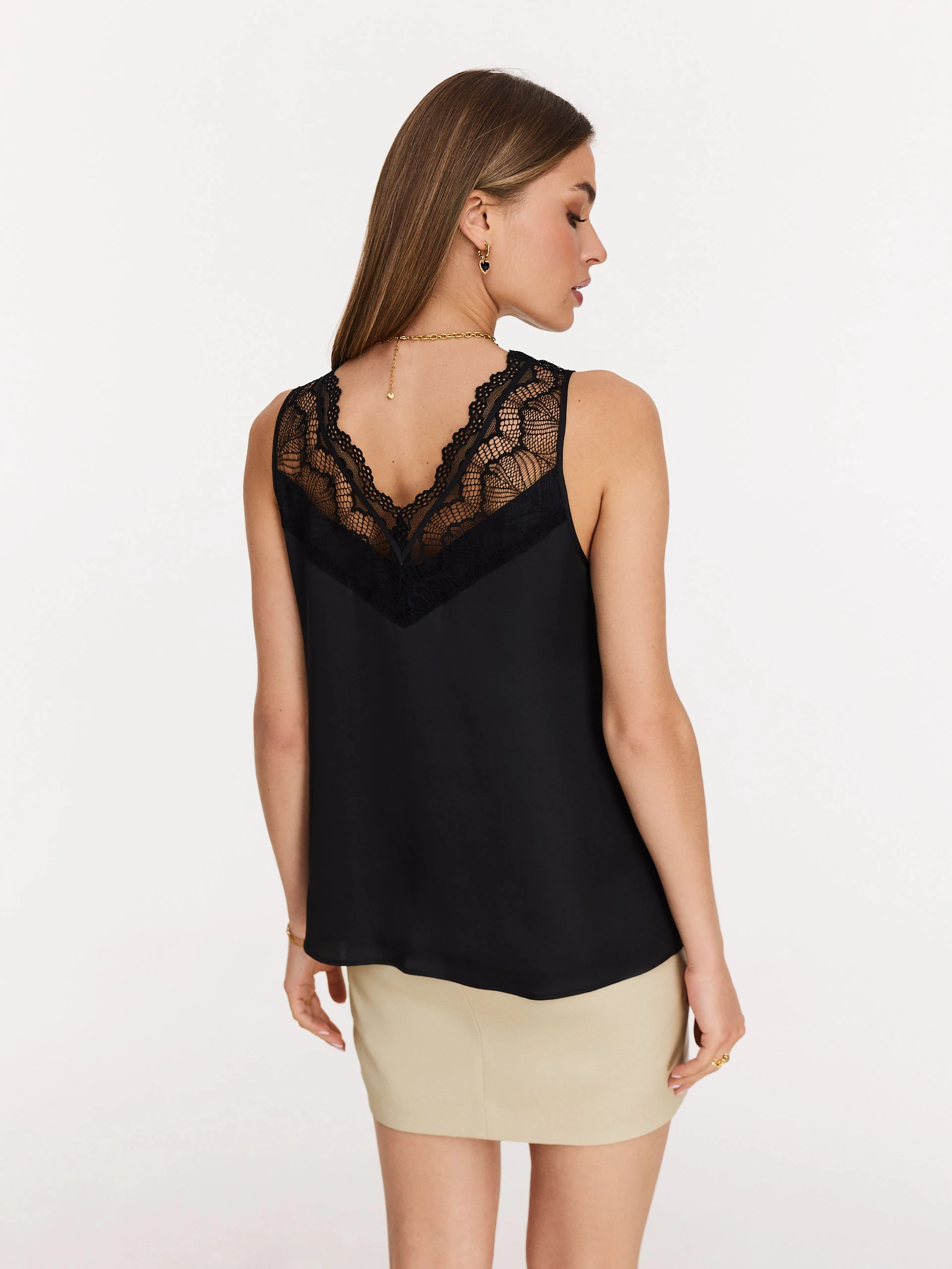 Black satin top with lace inserts