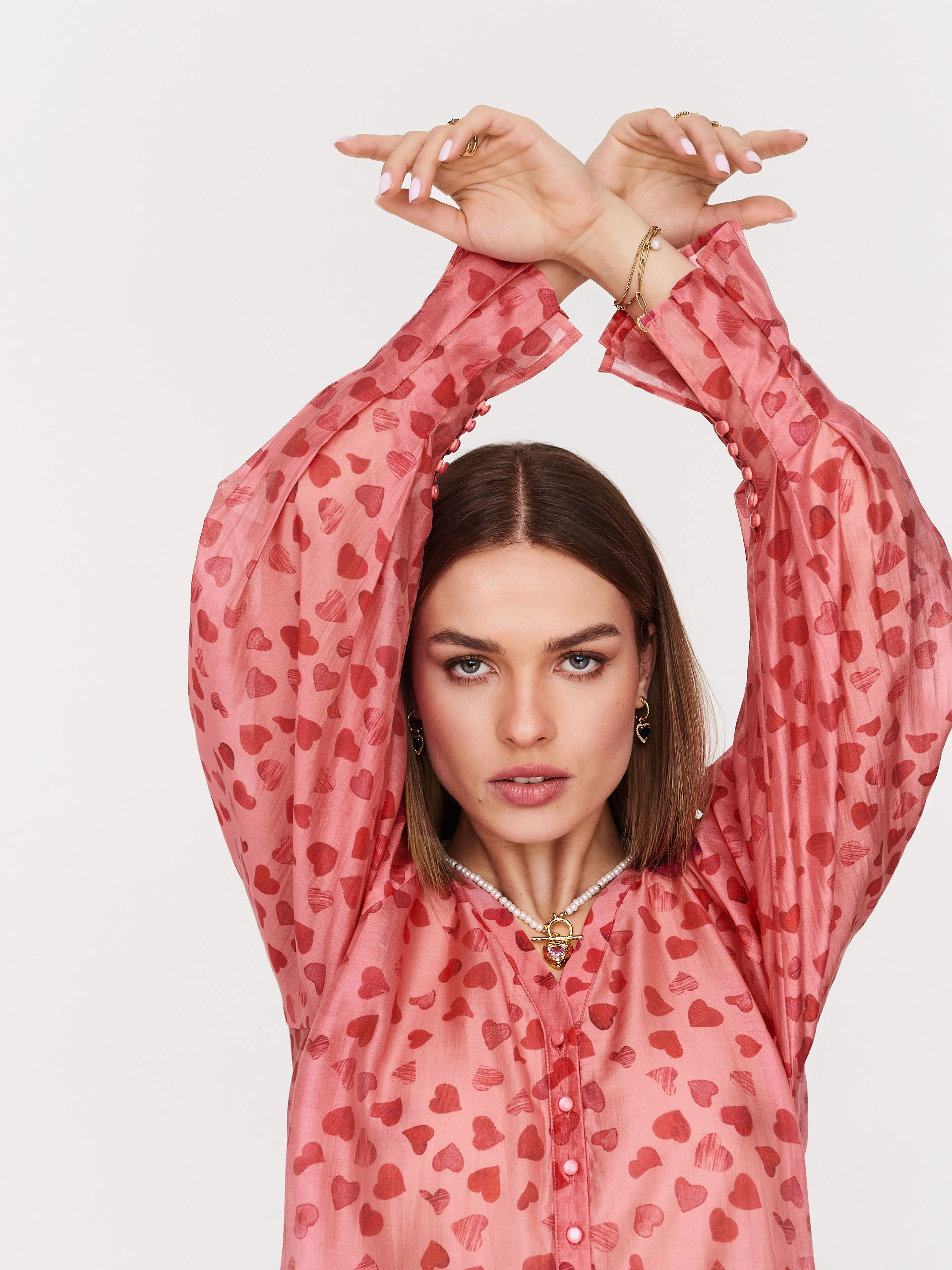 Pink tencel shirt with tiny hearts