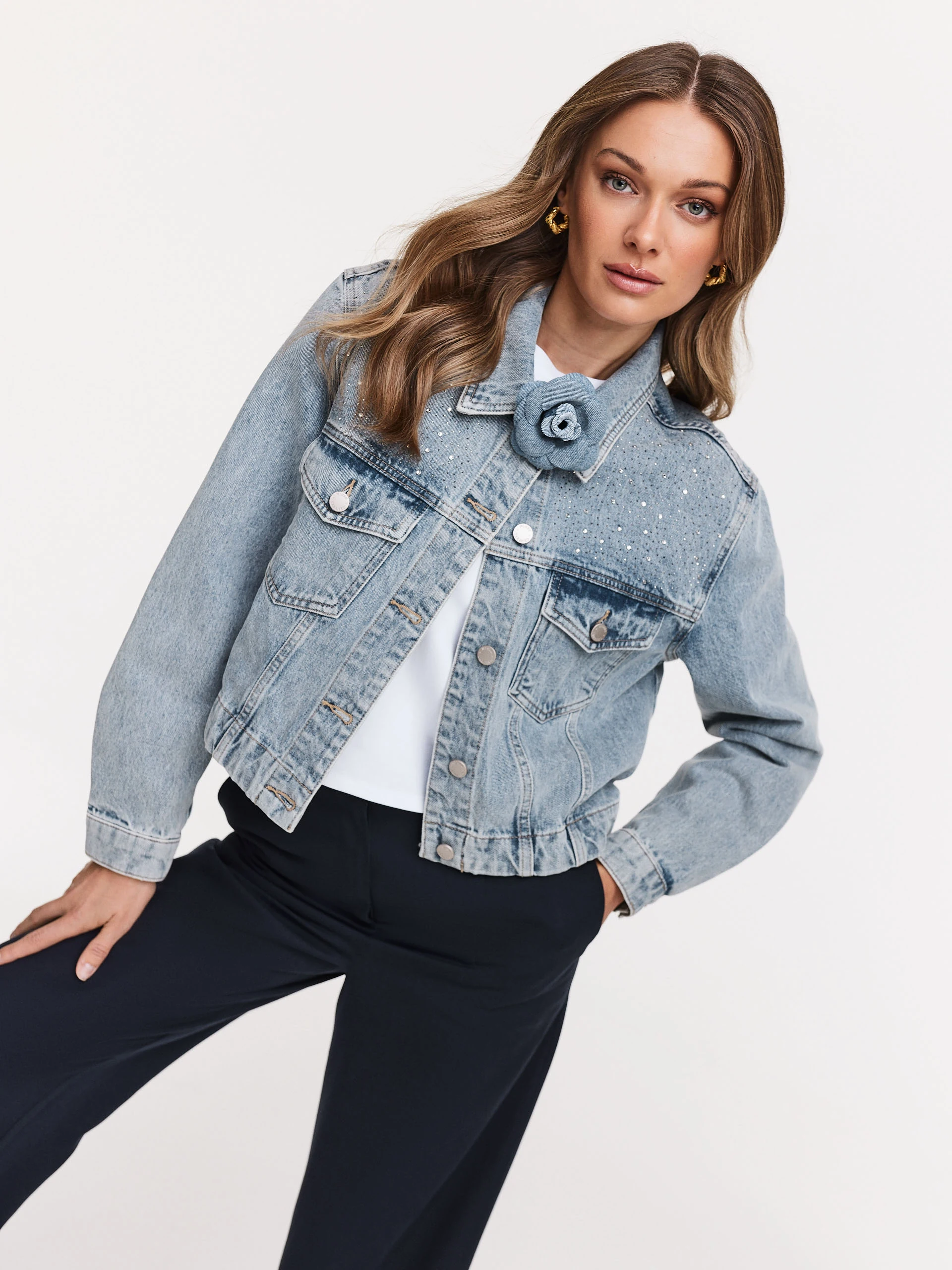 Short denim jacket with rhinestones