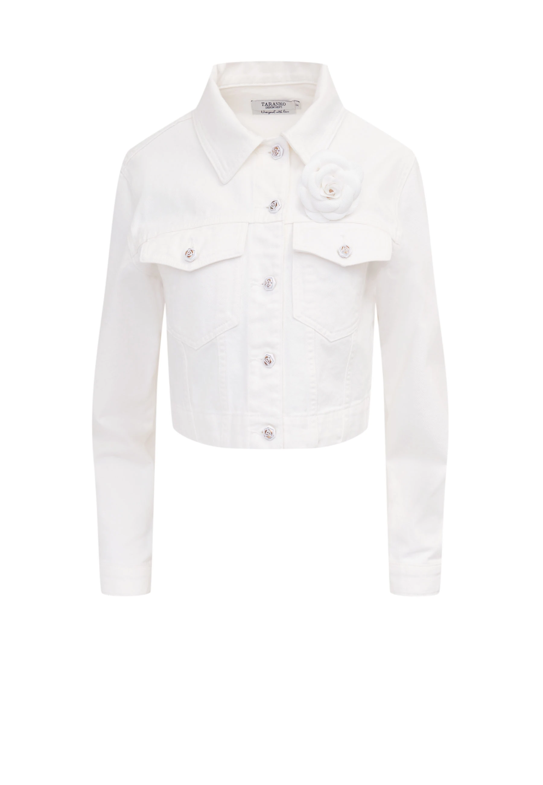 Short white jacket with decorative buttons and rose