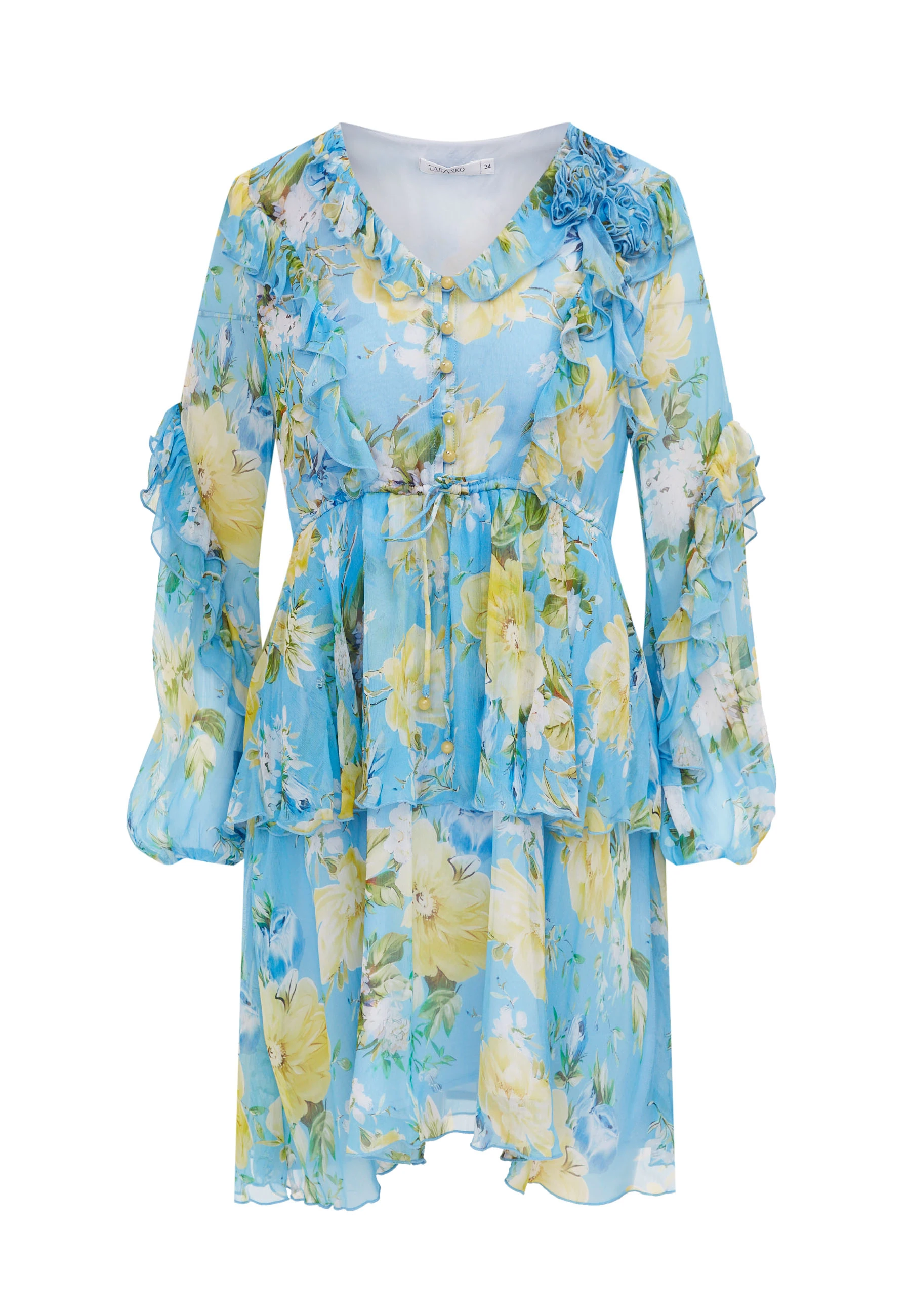 Blue dress with frills in yellow flowers
