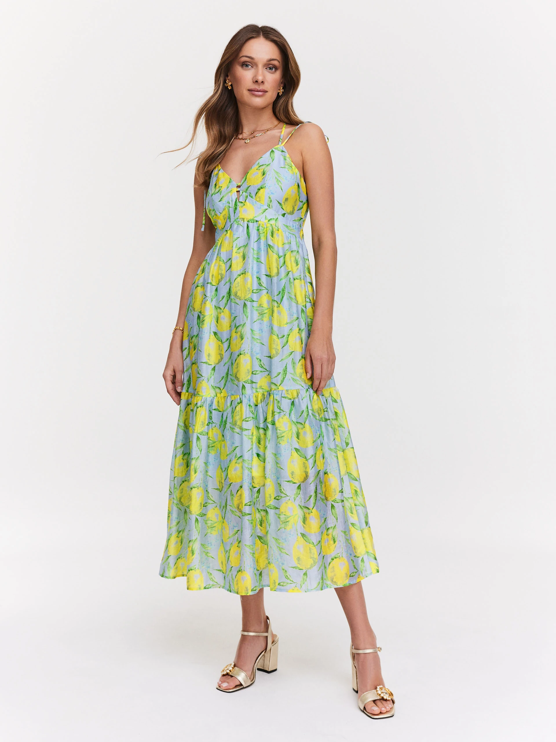 Long strapless dress in blue and yellow colors