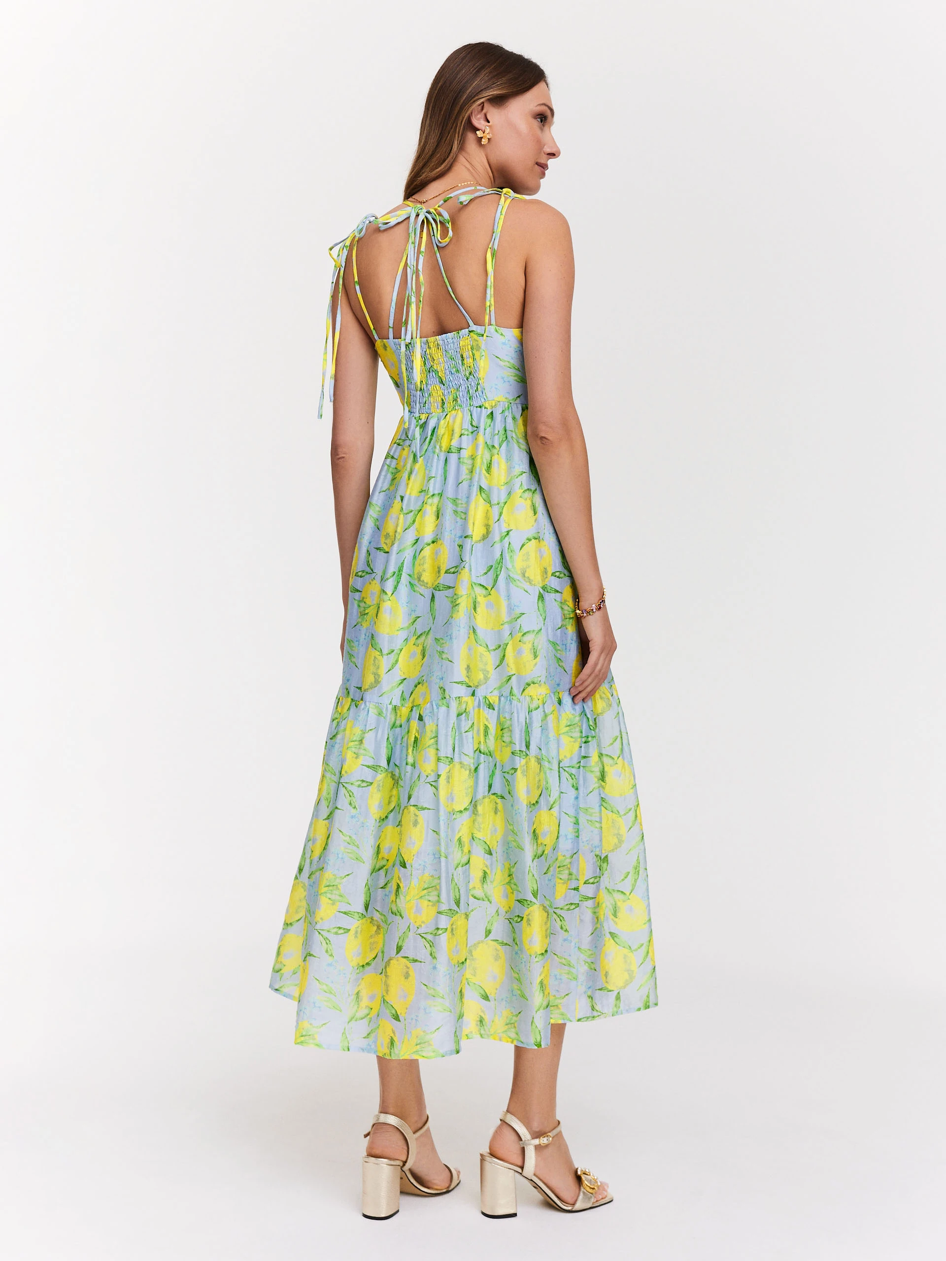Long strapless dress in blue and yellow colors