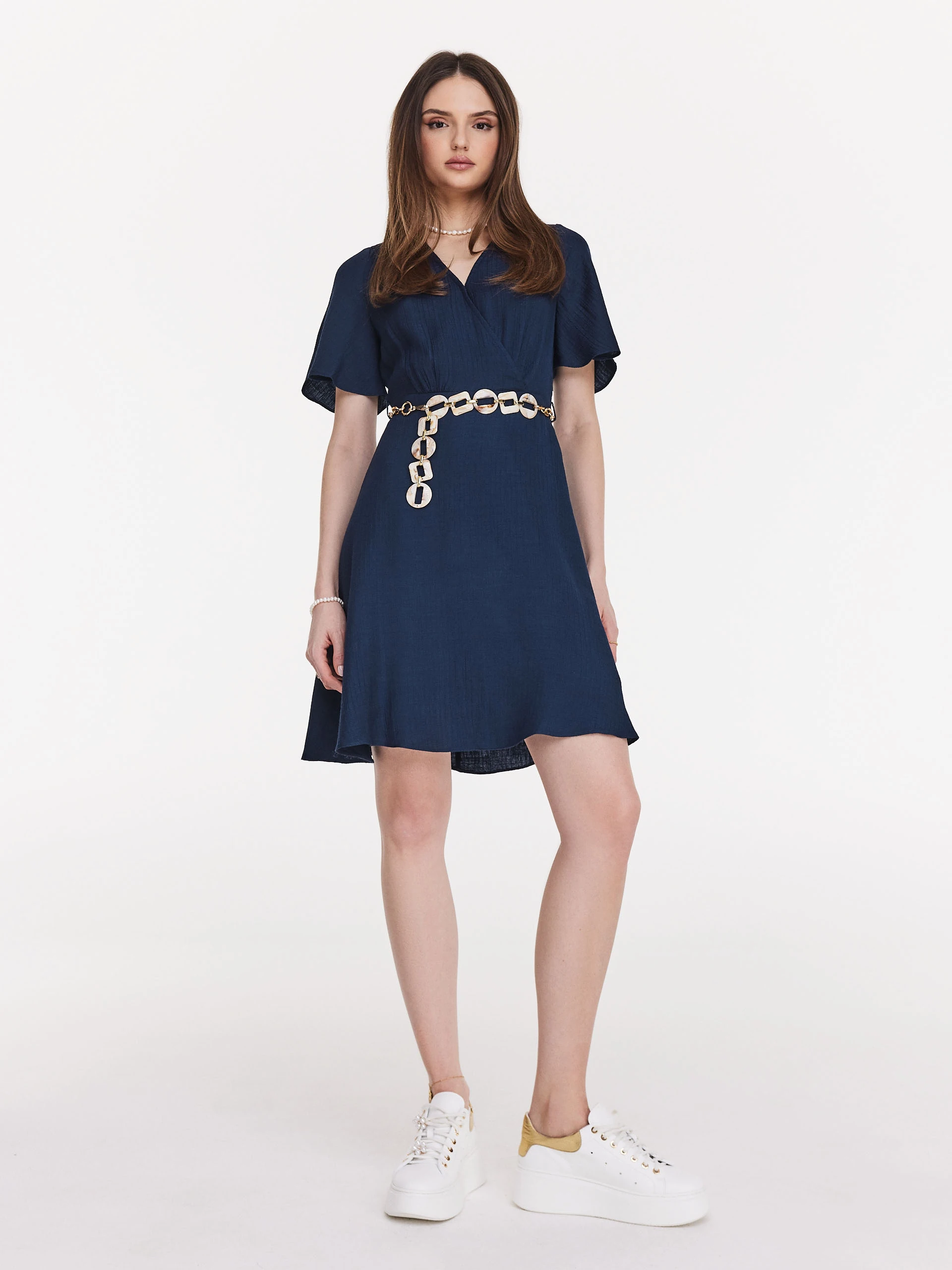 Navy blue elegant dress with envelope neckline